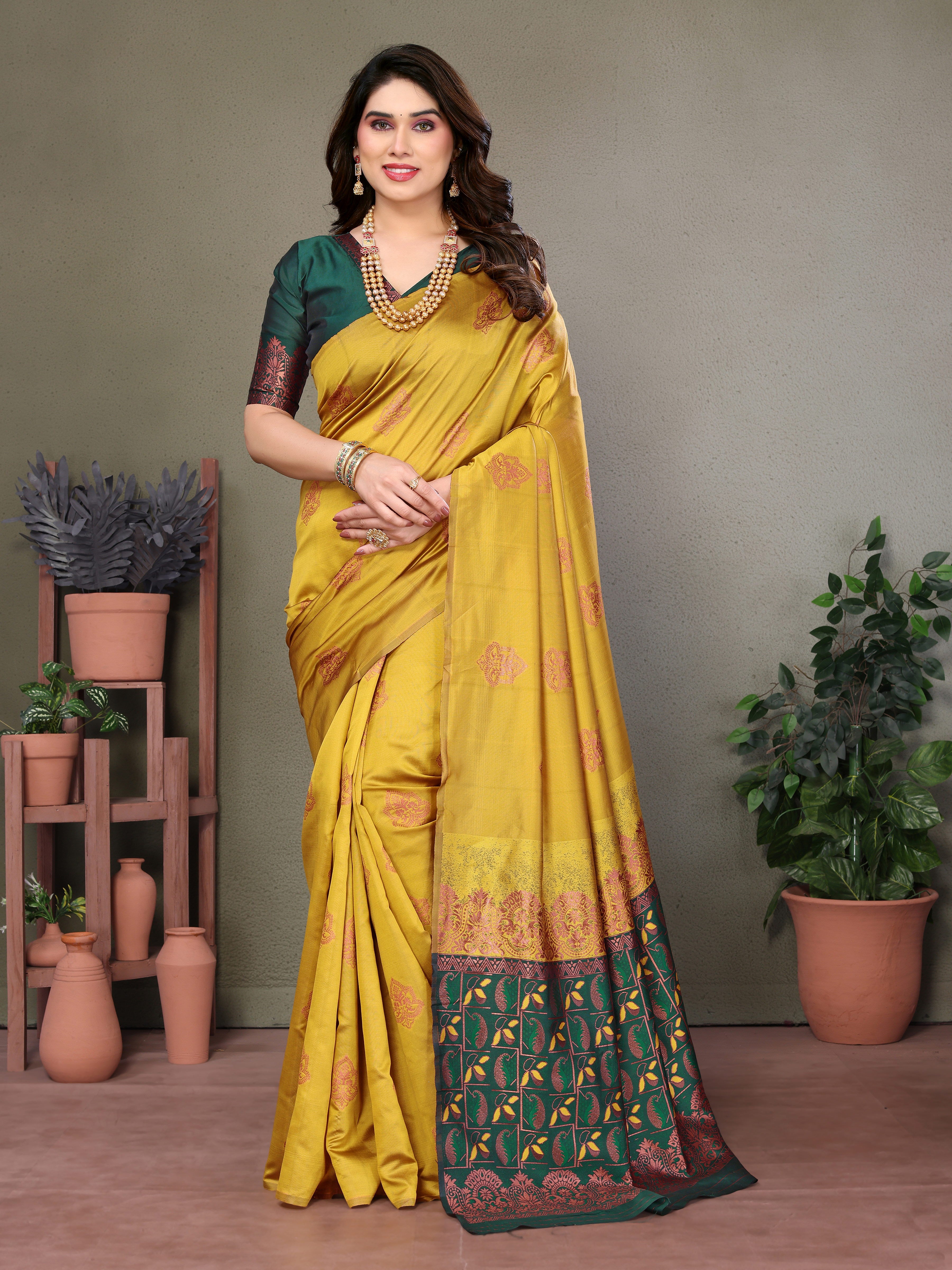 Green Mustard Banarasi Silk Woven Saree | Vibrant Traditional Elegance