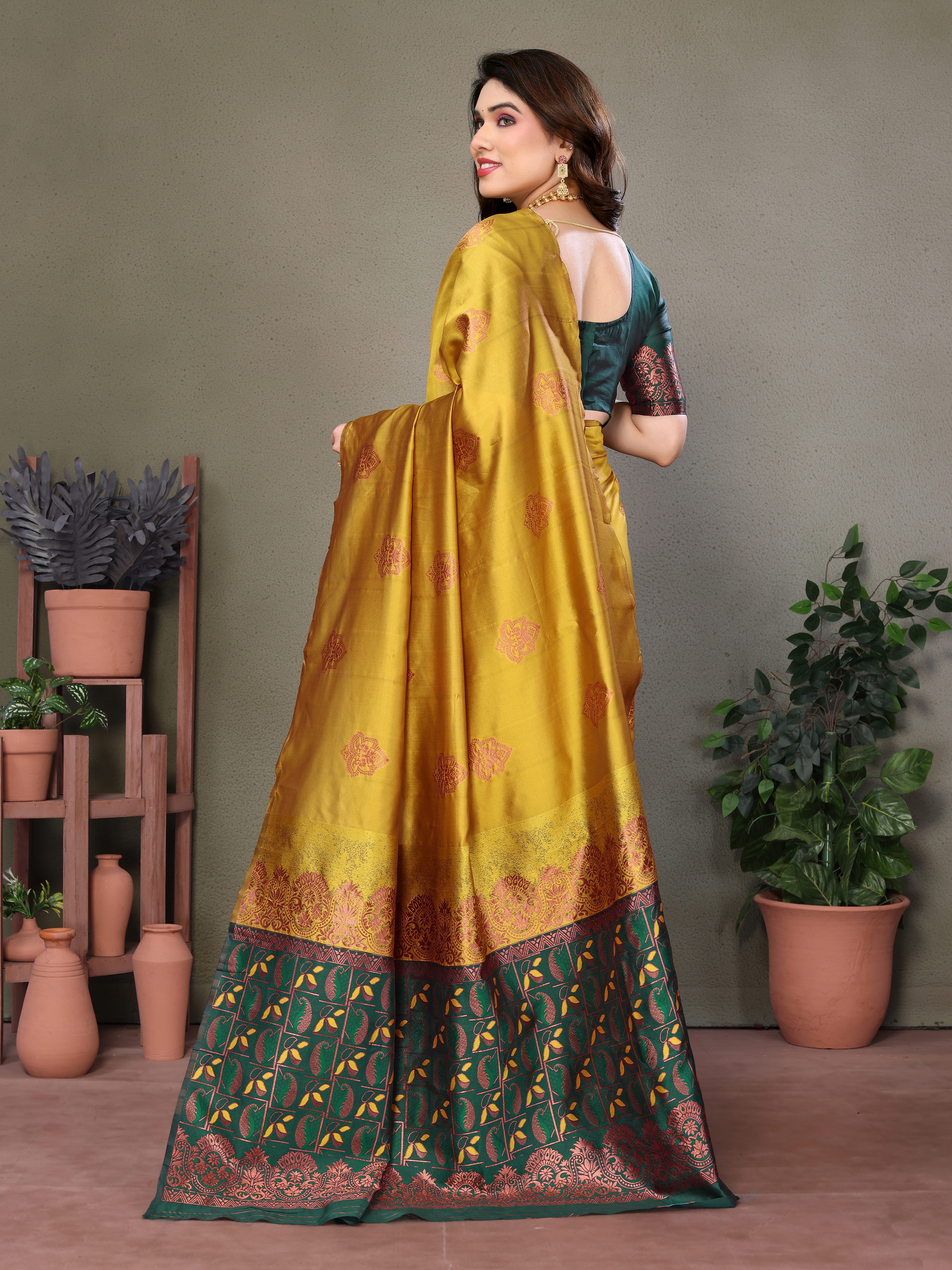 Green Mustard Banarasi Silk Woven Saree | Vibrant Traditional Elegance