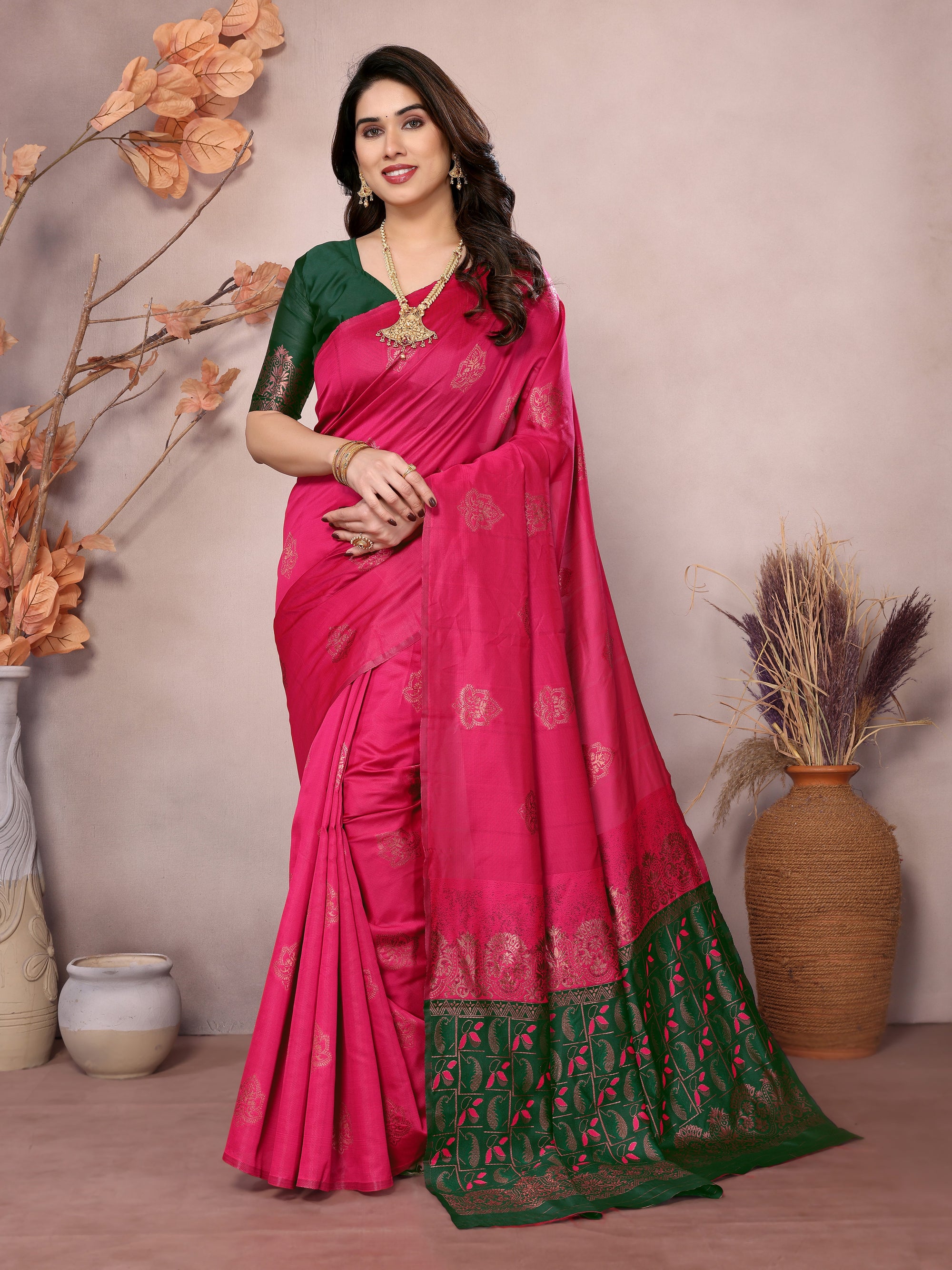 Green Pink Banarasi Silk Woven Saree | Delicate Color Harmony