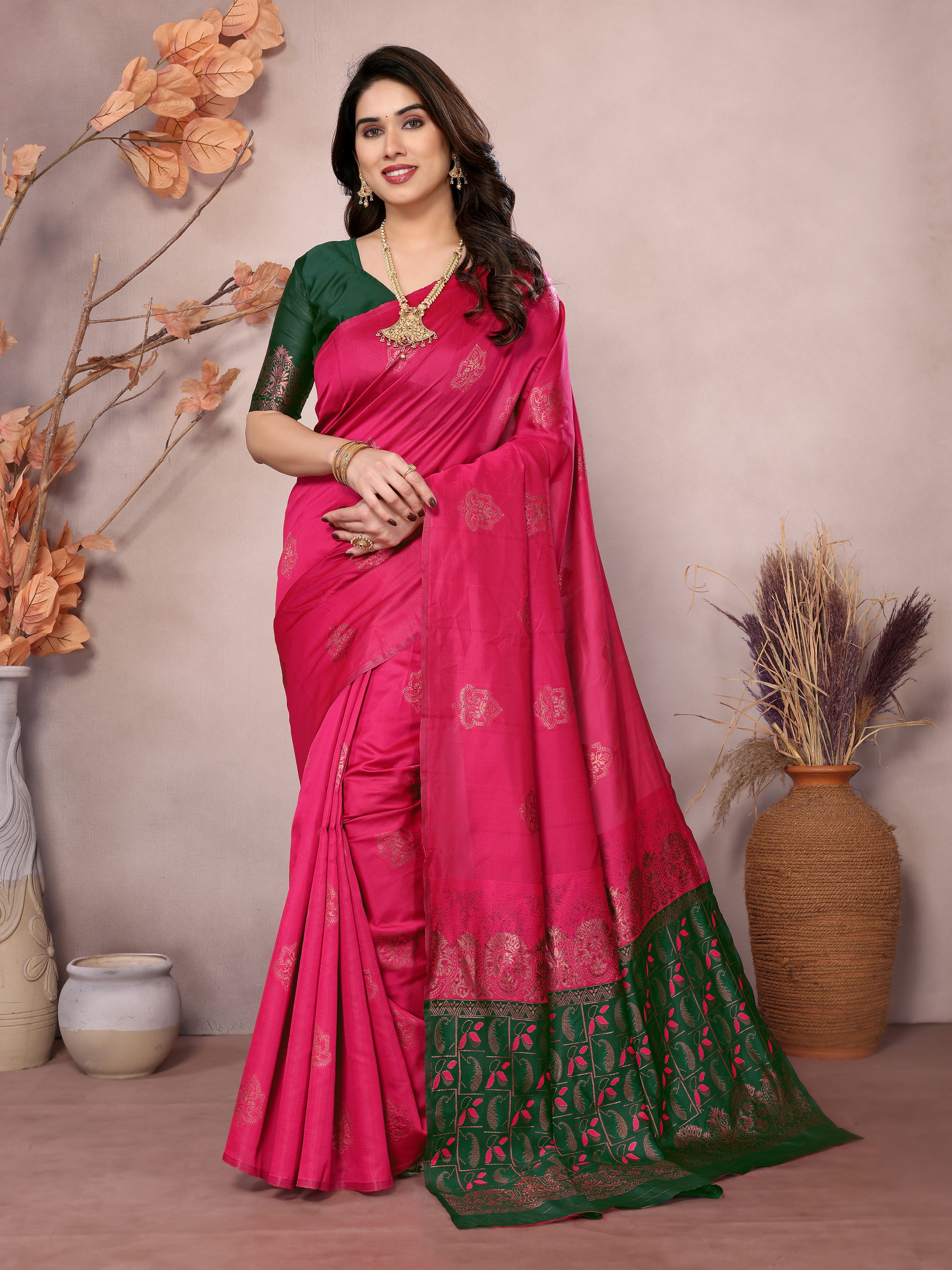 Green Pink Banarasi Silk Woven Saree | Delicate Color Harmony