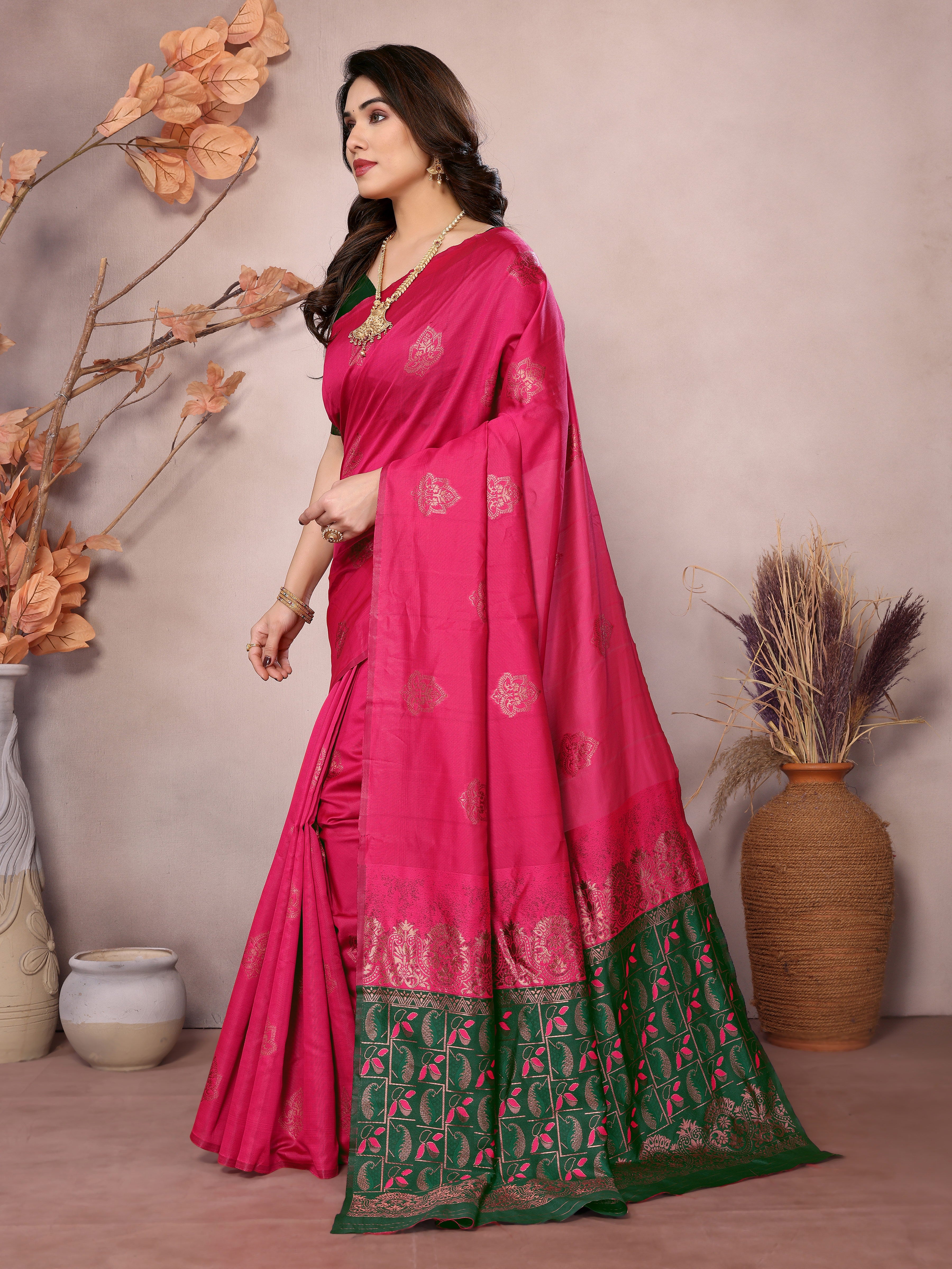 Green Pink Banarasi Silk Woven Saree | Delicate Color Harmony