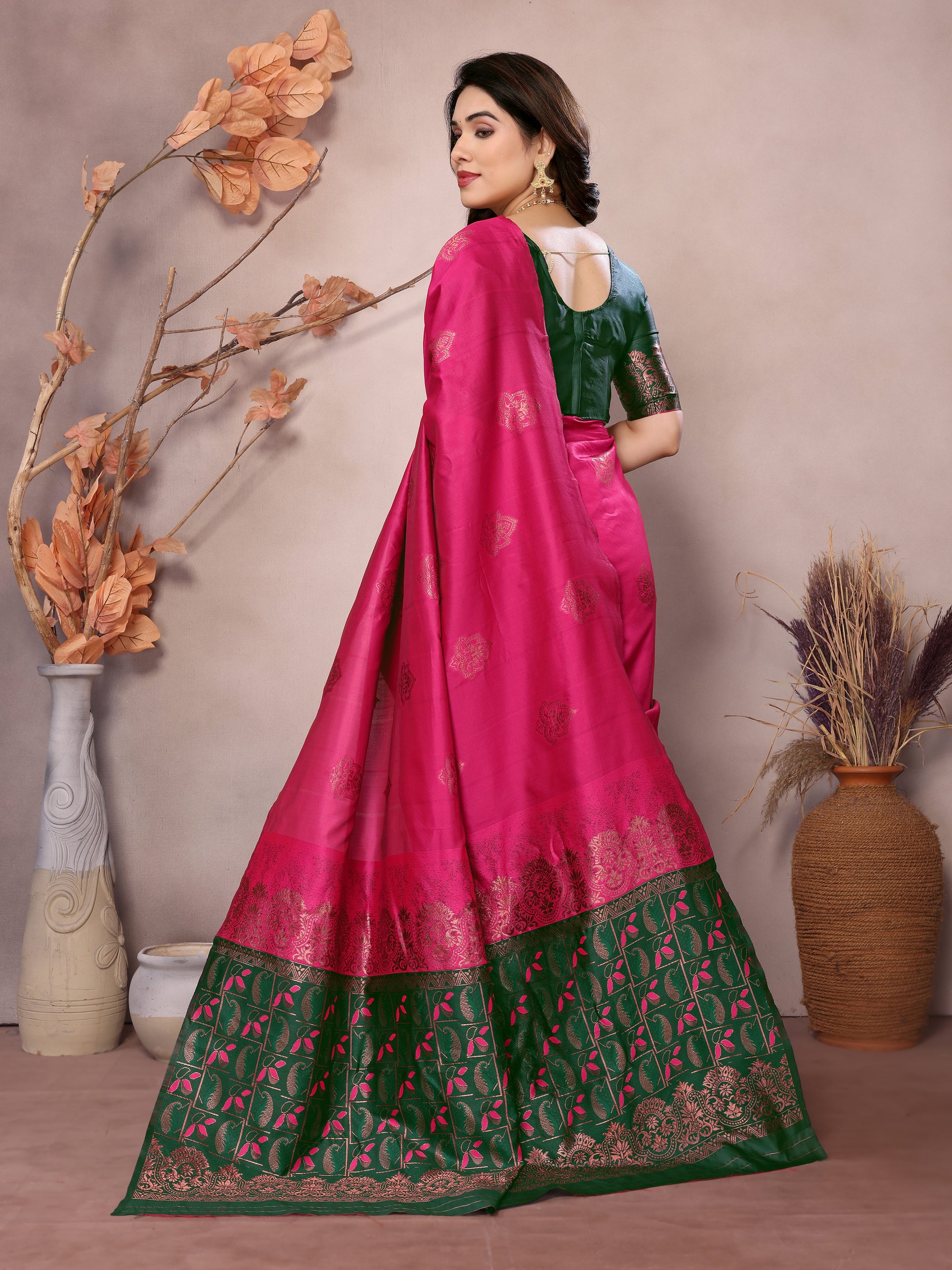 Green Pink Banarasi Silk Woven Saree | Delicate Color Harmony
