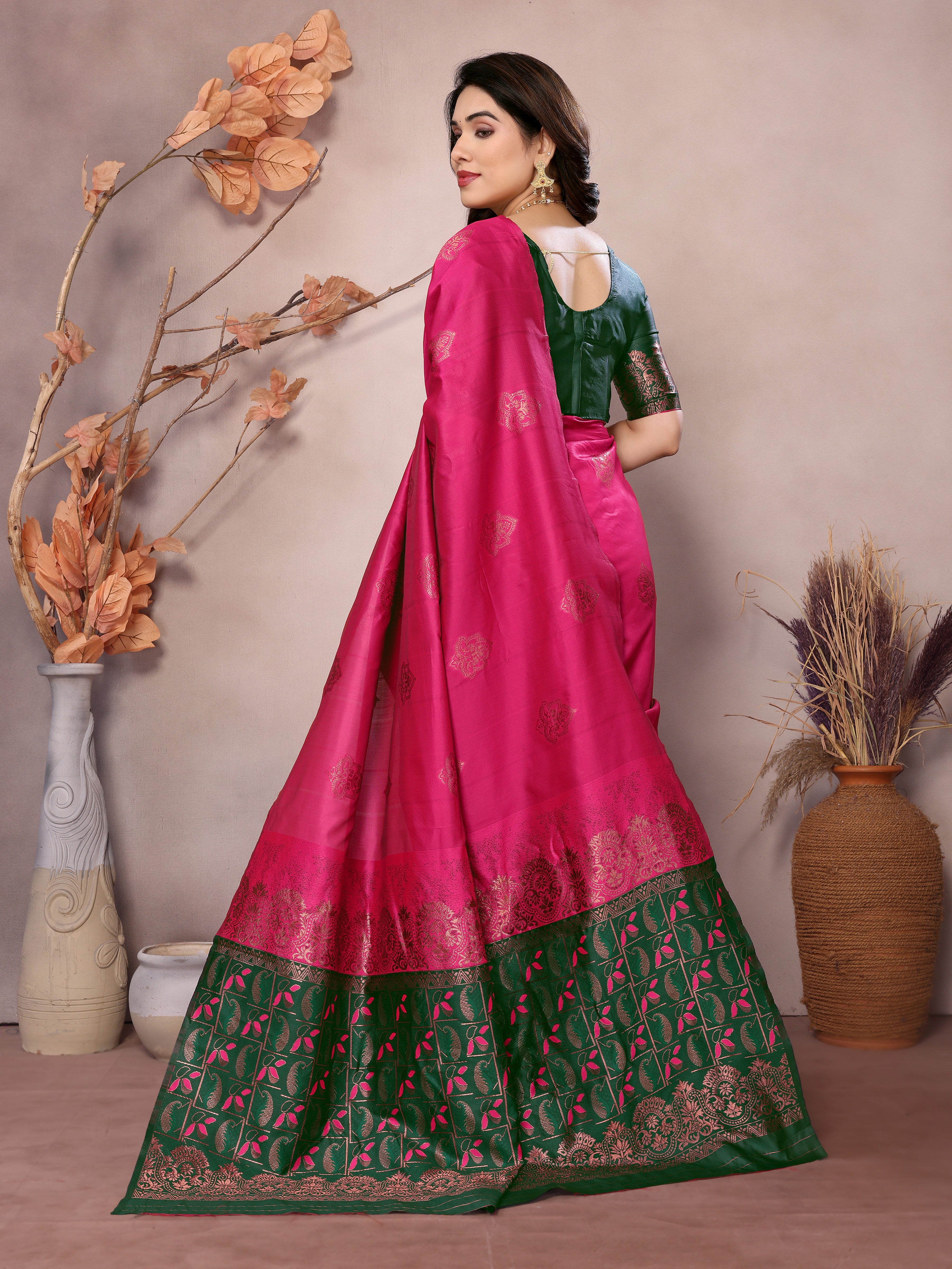 Green Pink Banarasi Silk Woven Saree | Delicate Color Harmony