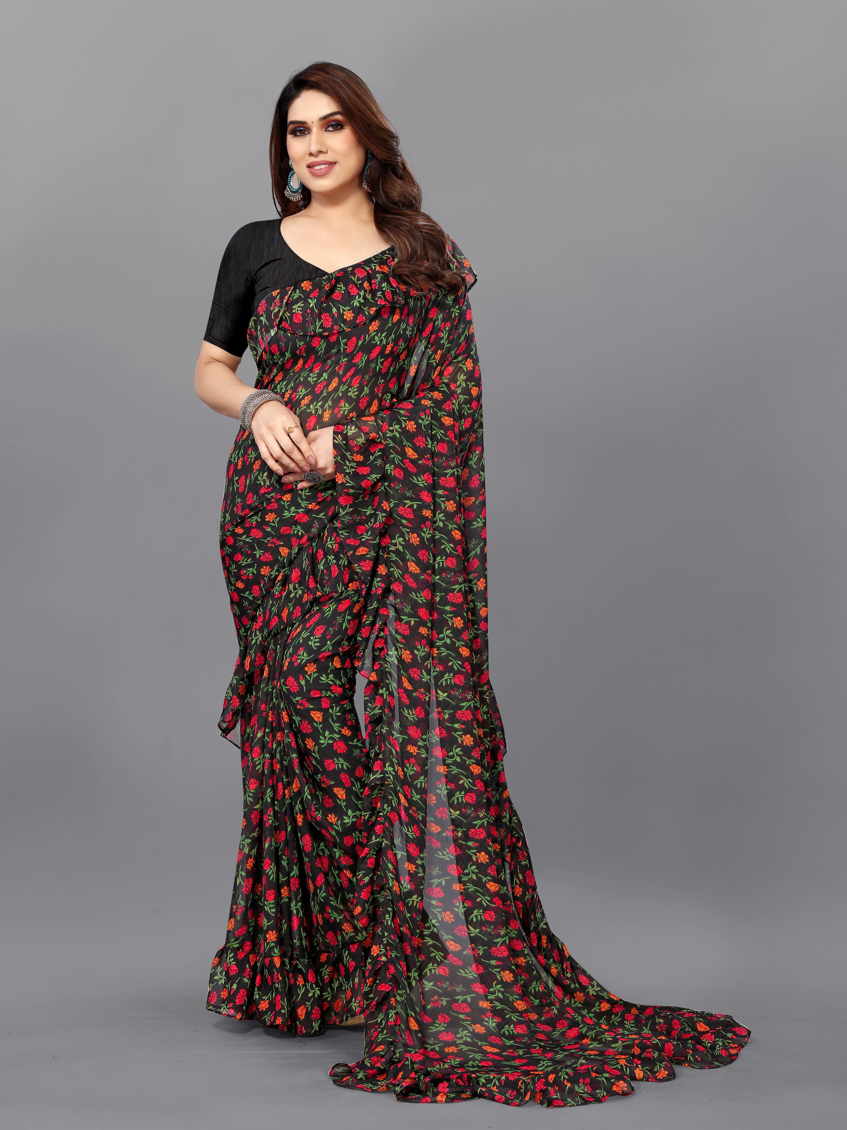 Elegant Black Georgette Printed Ruffal Saree | Bagnlori Blouse