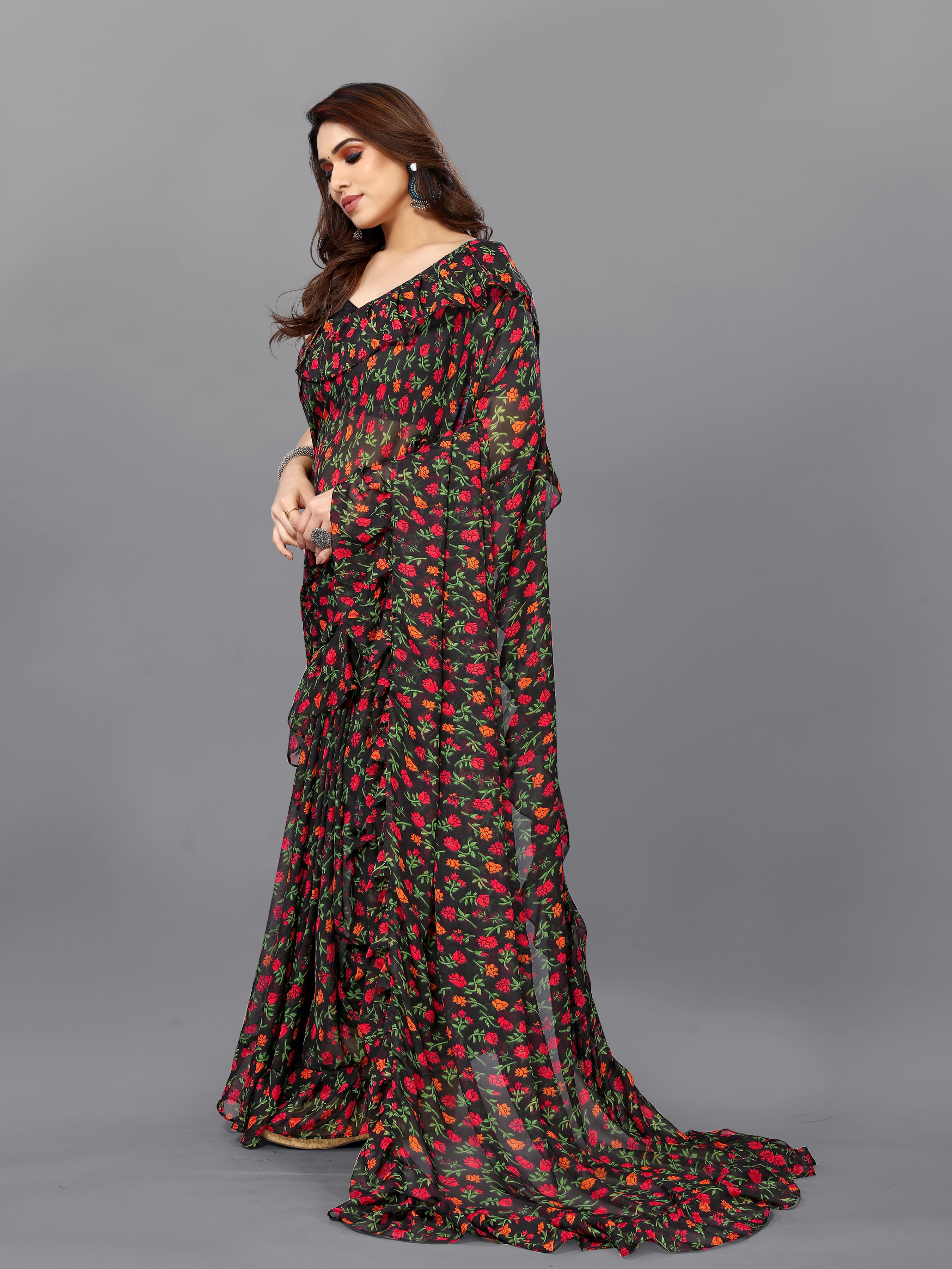 Elegant Black Georgette Printed Ruffal Saree | Bagnlori Blouse