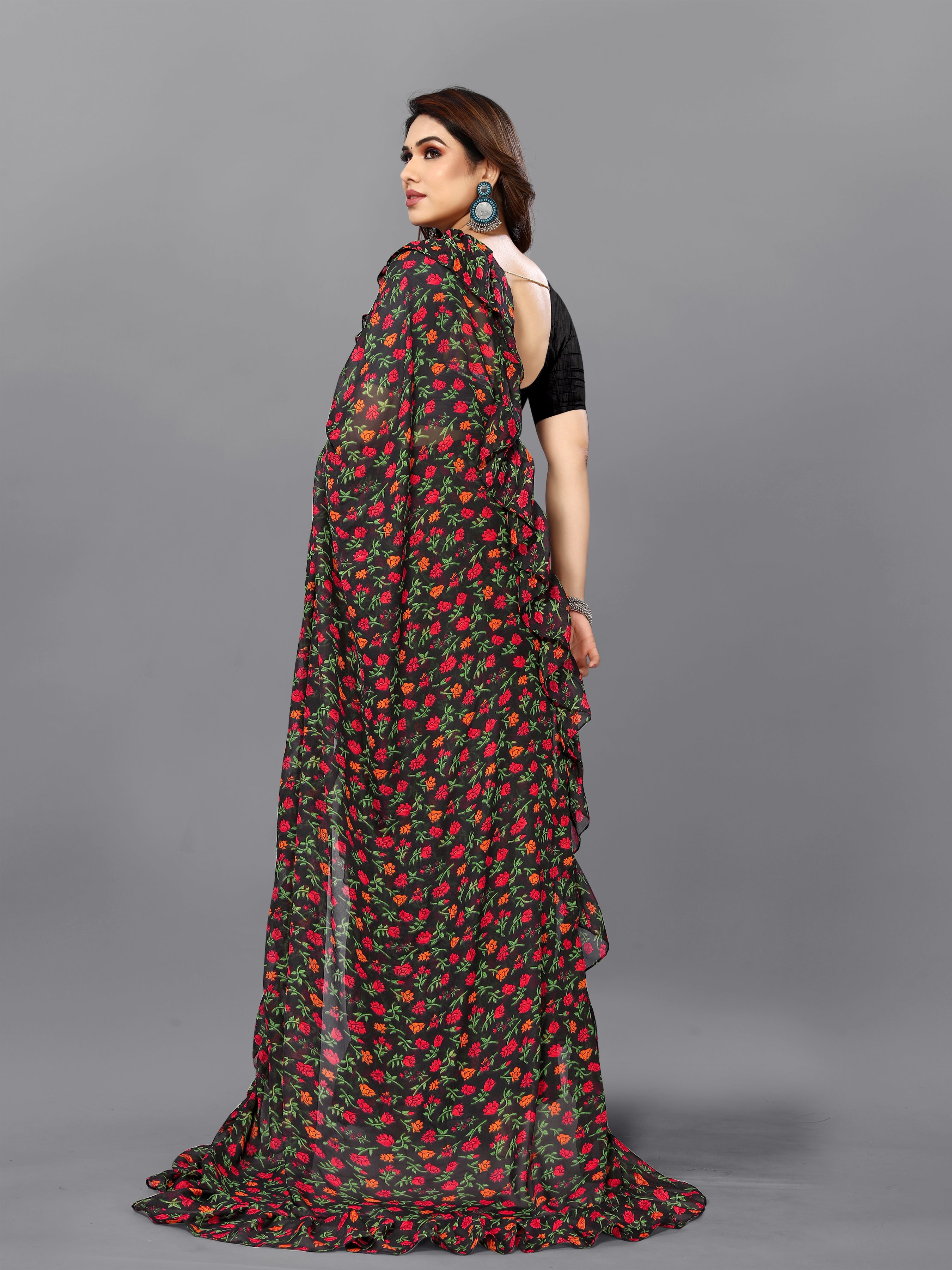 Elegant Black Georgette Printed Ruffal Saree | Bagnlori Blouse