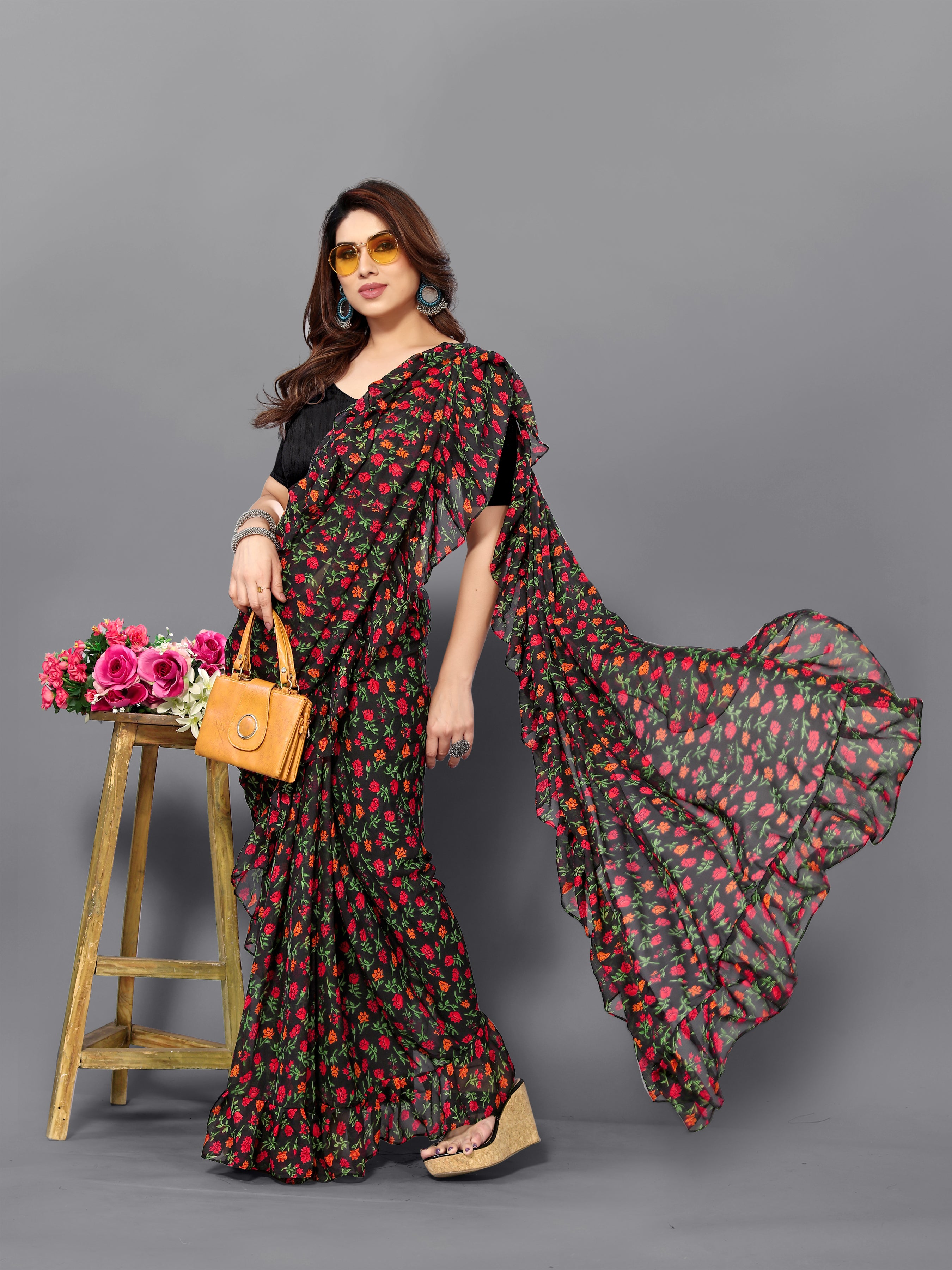 Elegant Black Georgette Printed Ruffal Saree | Bagnlori Blouse