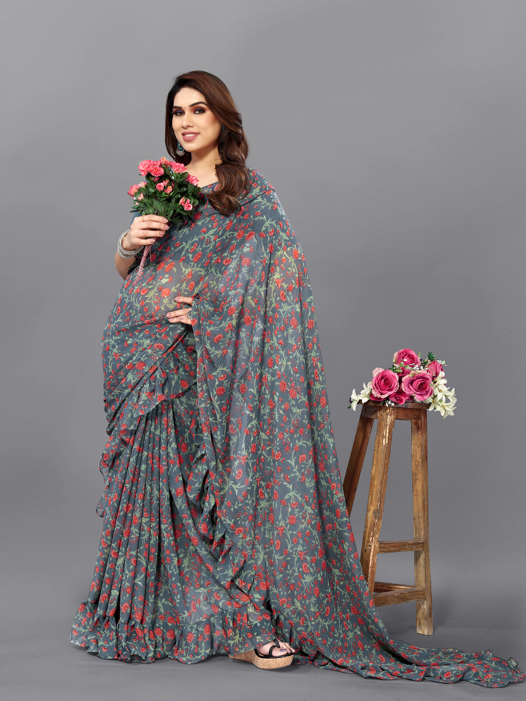 Sophisticated Grey Georgette Printed Ruffal Saree | Bagnlori Blouse