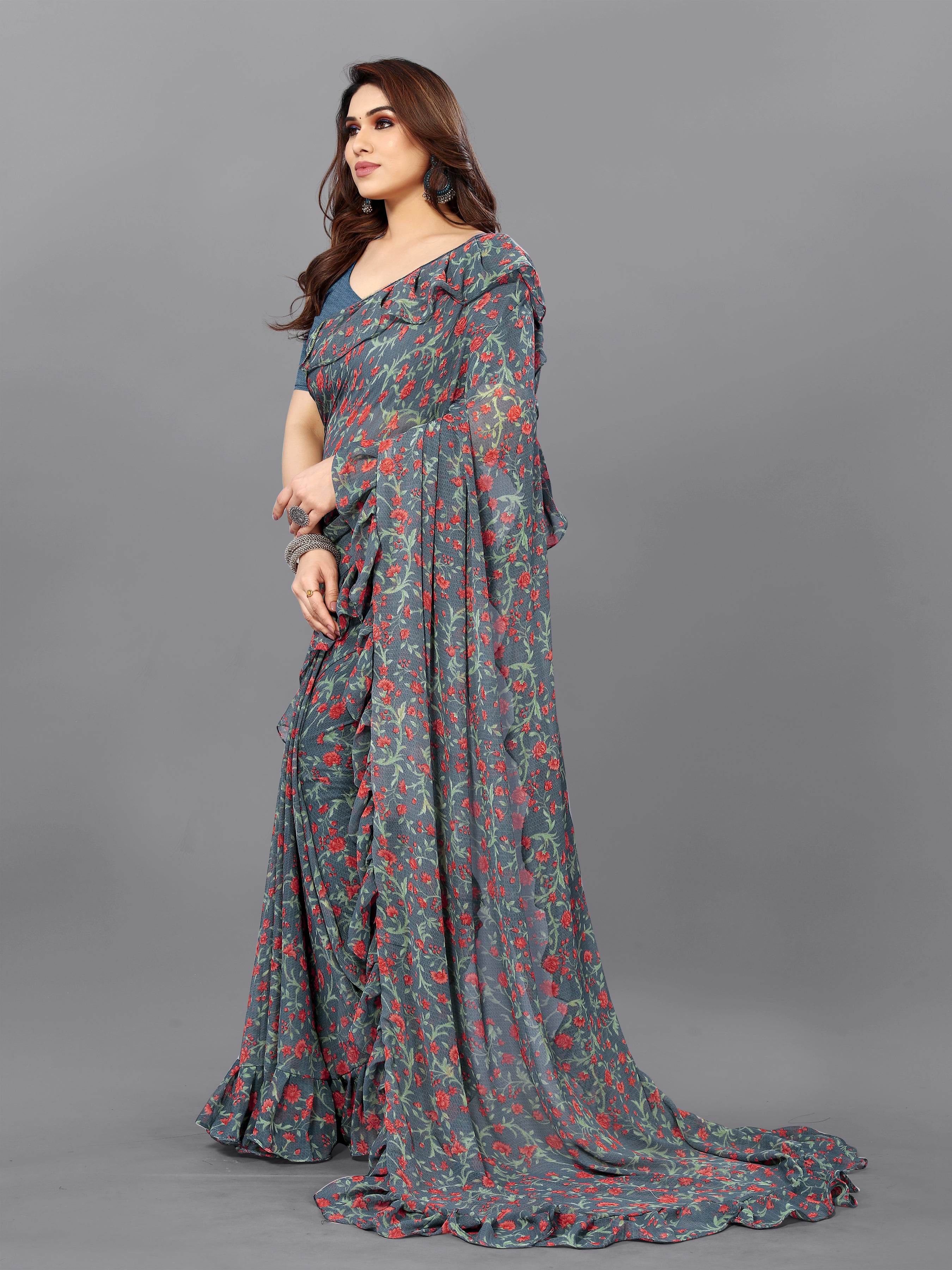 Sophisticated Grey Georgette Printed Ruffal Saree | Bagnlori Blouse