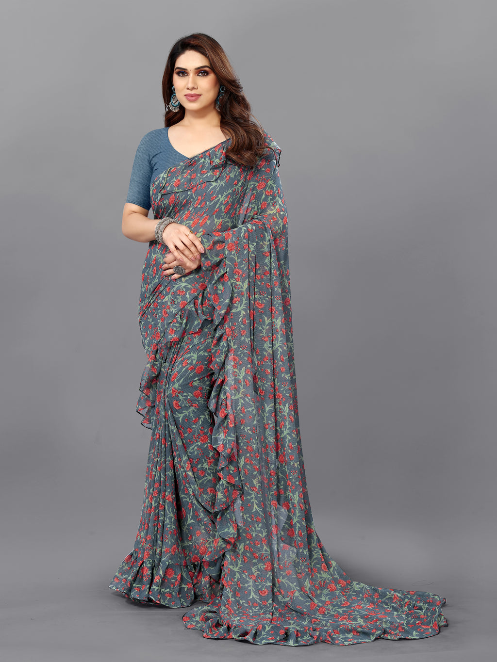 Sophisticated Grey Georgette Printed Ruffal Saree | Bagnlori Blouse