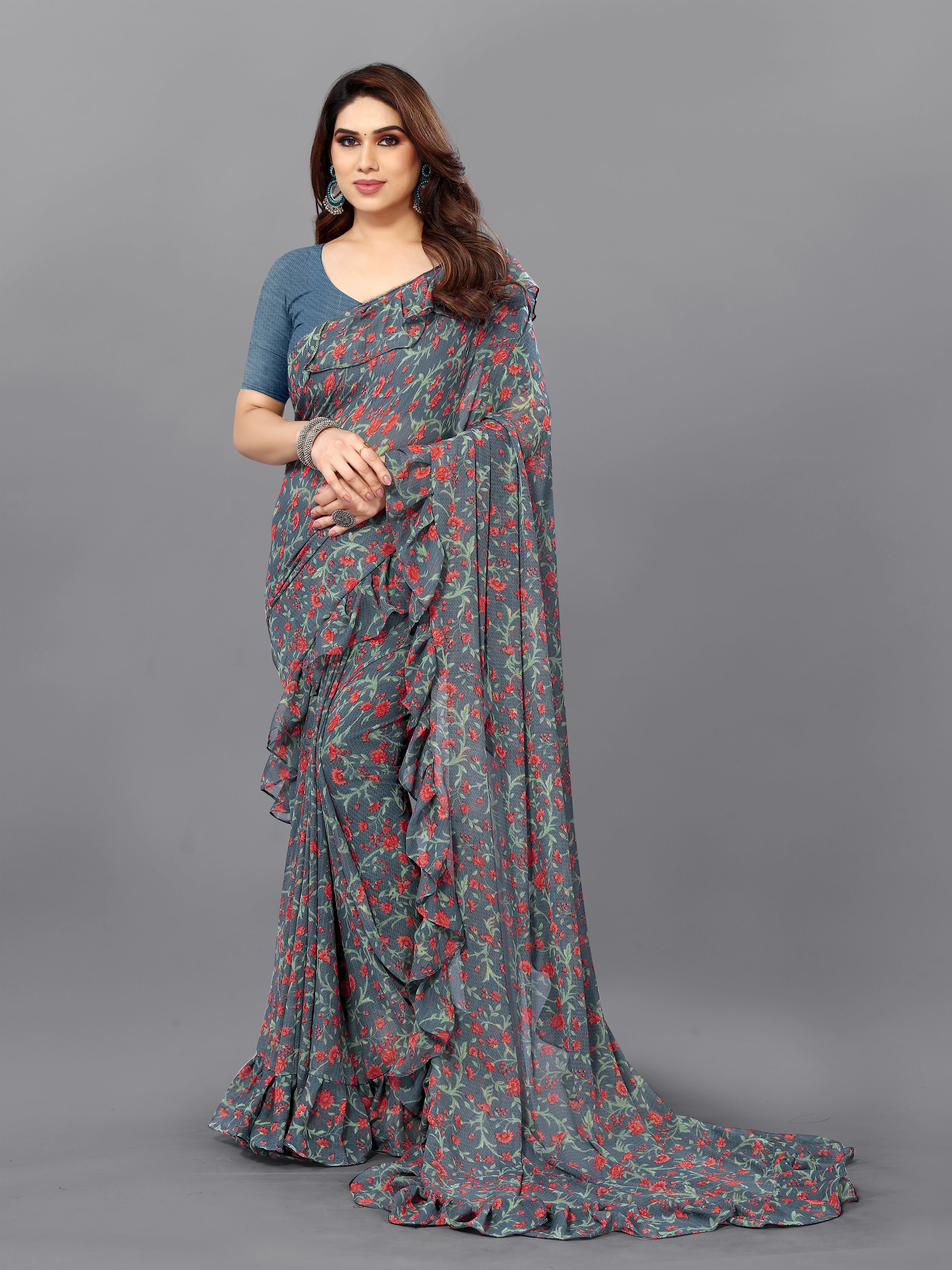 Sophisticated Grey Georgette Printed Ruffal Saree | Bagnlori Blouse