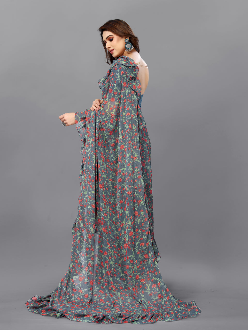 Sophisticated Grey Georgette Printed Ruffal Saree | Bagnlori Blouse