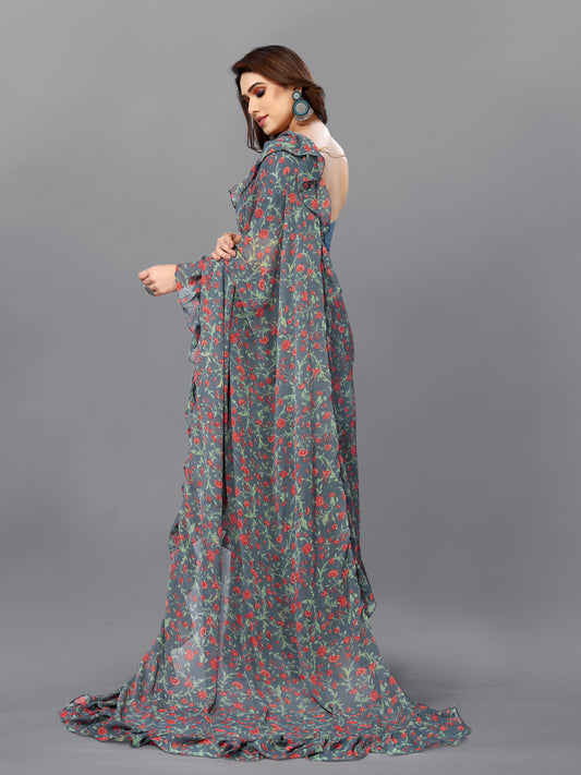 Sophisticated Grey Georgette Printed Ruffal Saree | Bagnlori Blouse
