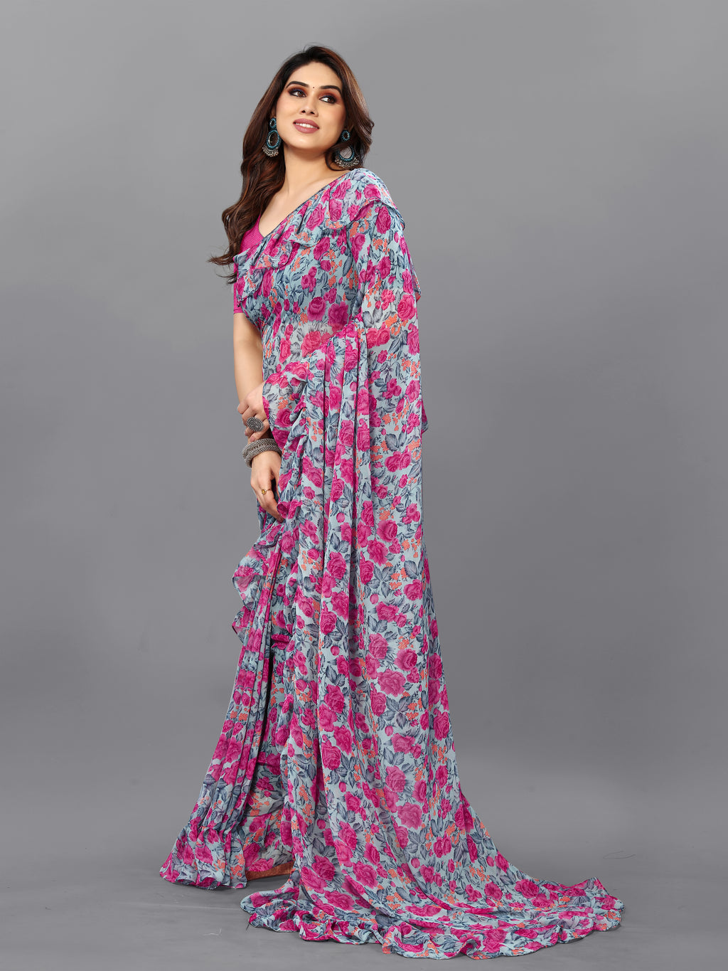 Delicate Pink Flower Georgette Printed Ruffal Saree | Bagnlori Blouse