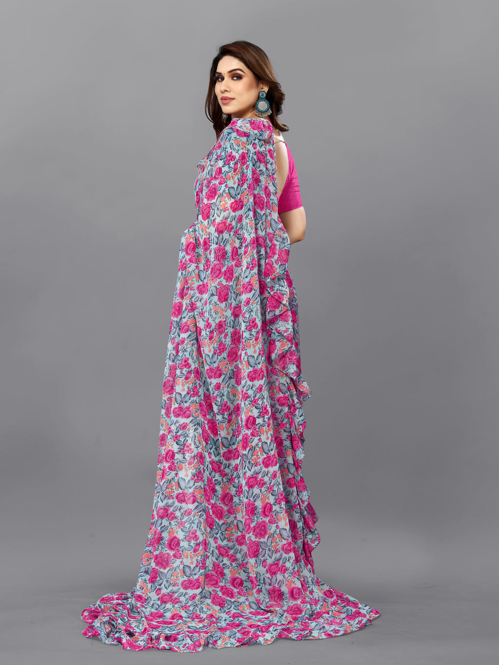 Delicate Pink Flower Georgette Printed Ruffal Saree | Bagnlori Blouse
