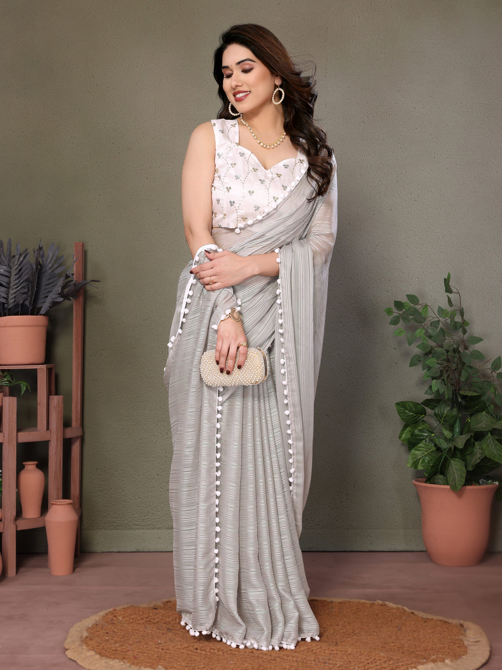 Elegant Grey Polyester Zari Saree | Embroidered Blouse with Pum Pum Lace
