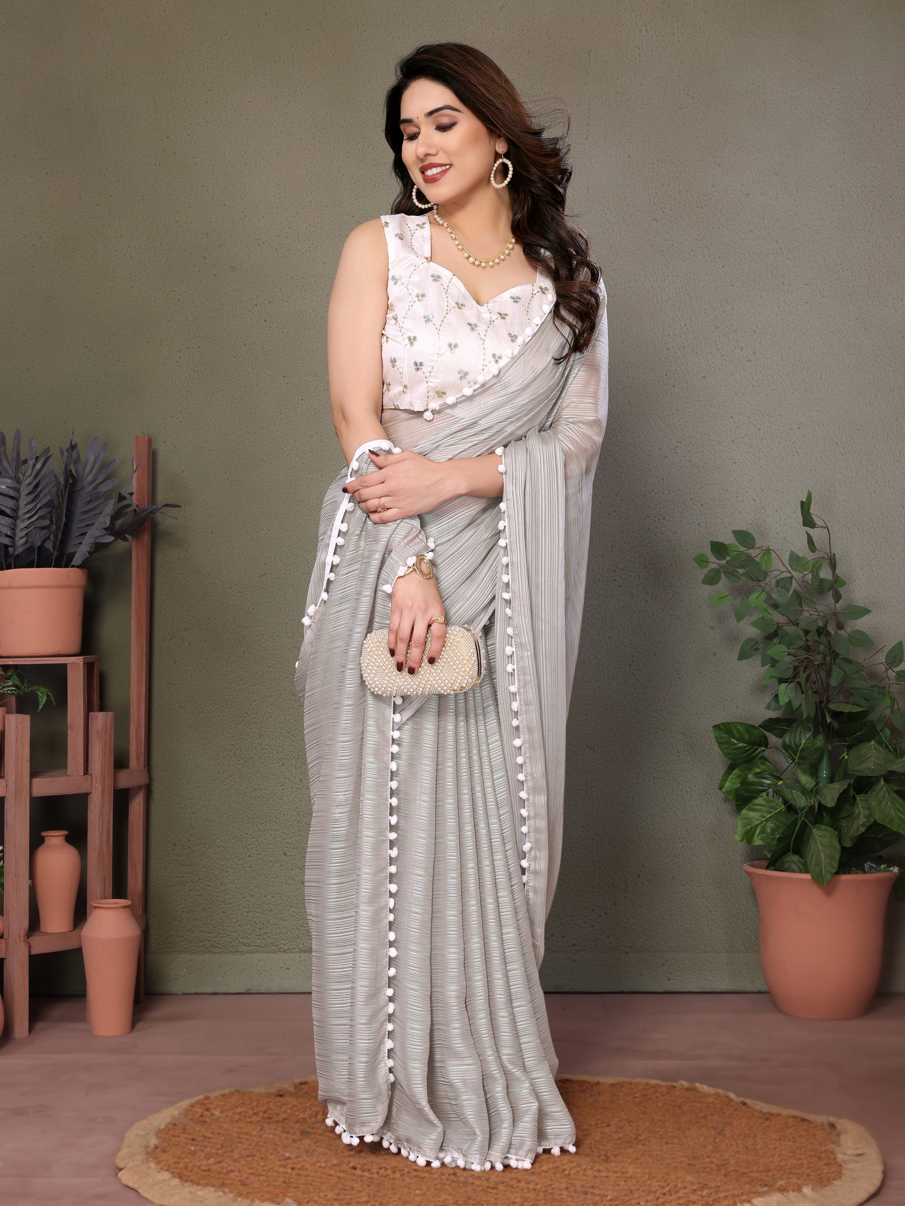 Elegant Grey Polyester Zari Saree | Embroidered Blouse with Pum Pum Lace
