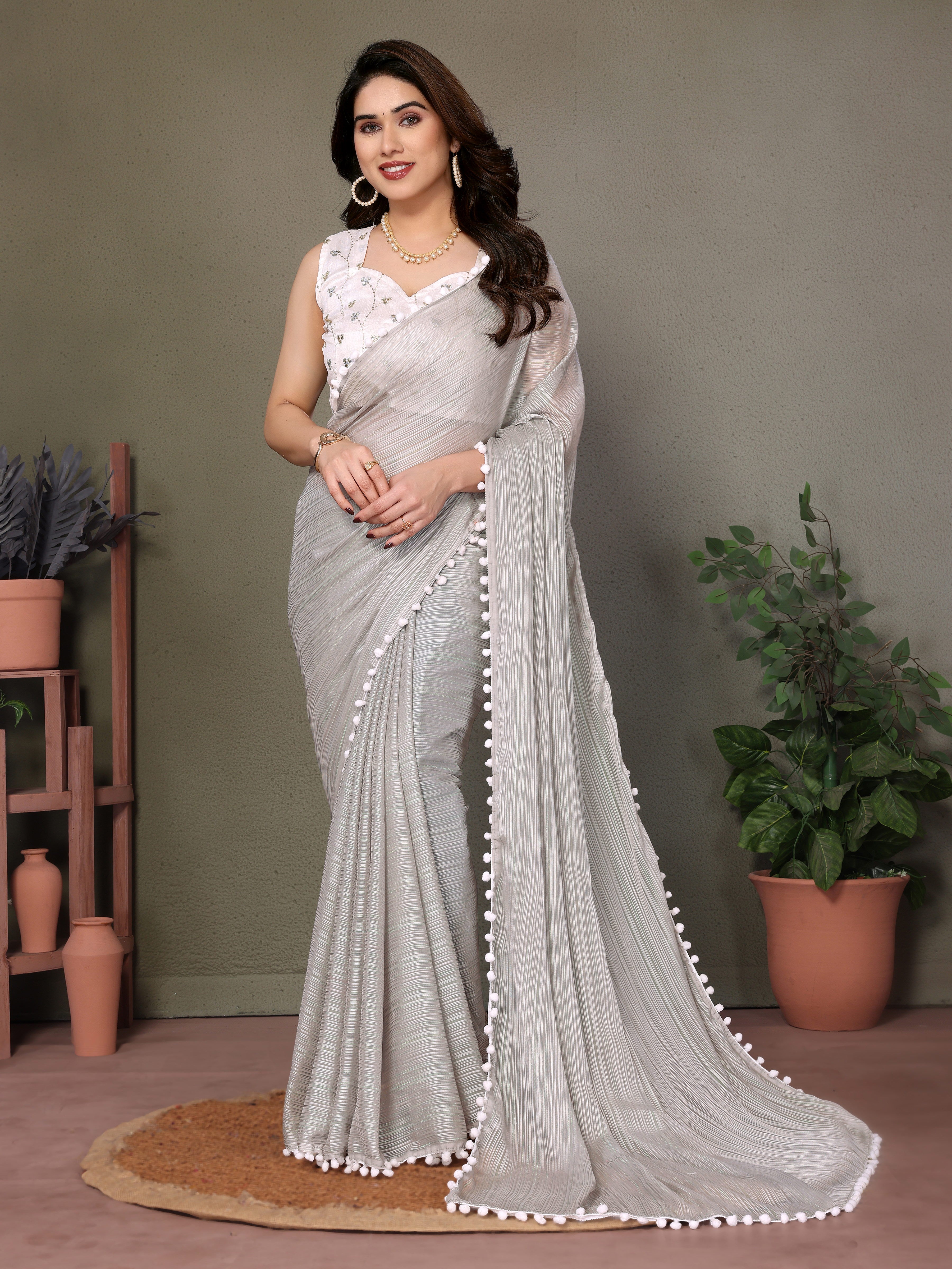 Elegant Grey Polyester Zari Saree | Embroidered Blouse with Pum Pum Lace