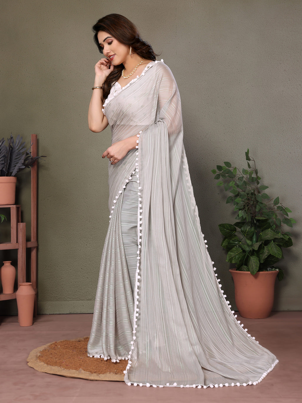 Elegant Grey Polyester Zari Saree | Embroidered Blouse with Pum Pum Lace