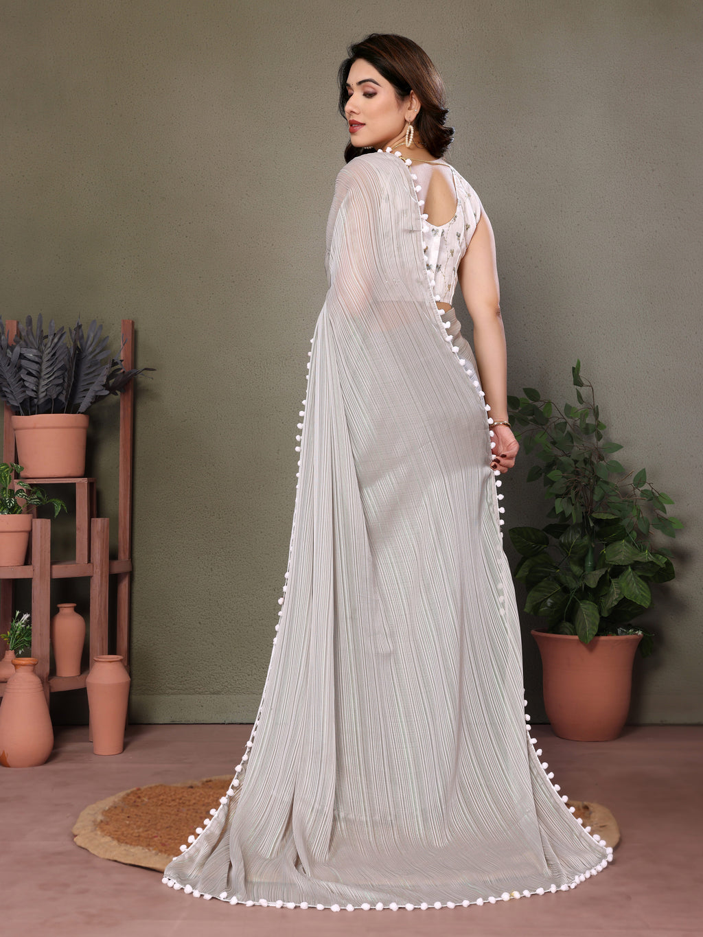 Elegant Grey Polyester Zari Saree | Embroidered Blouse with Pum Pum Lace