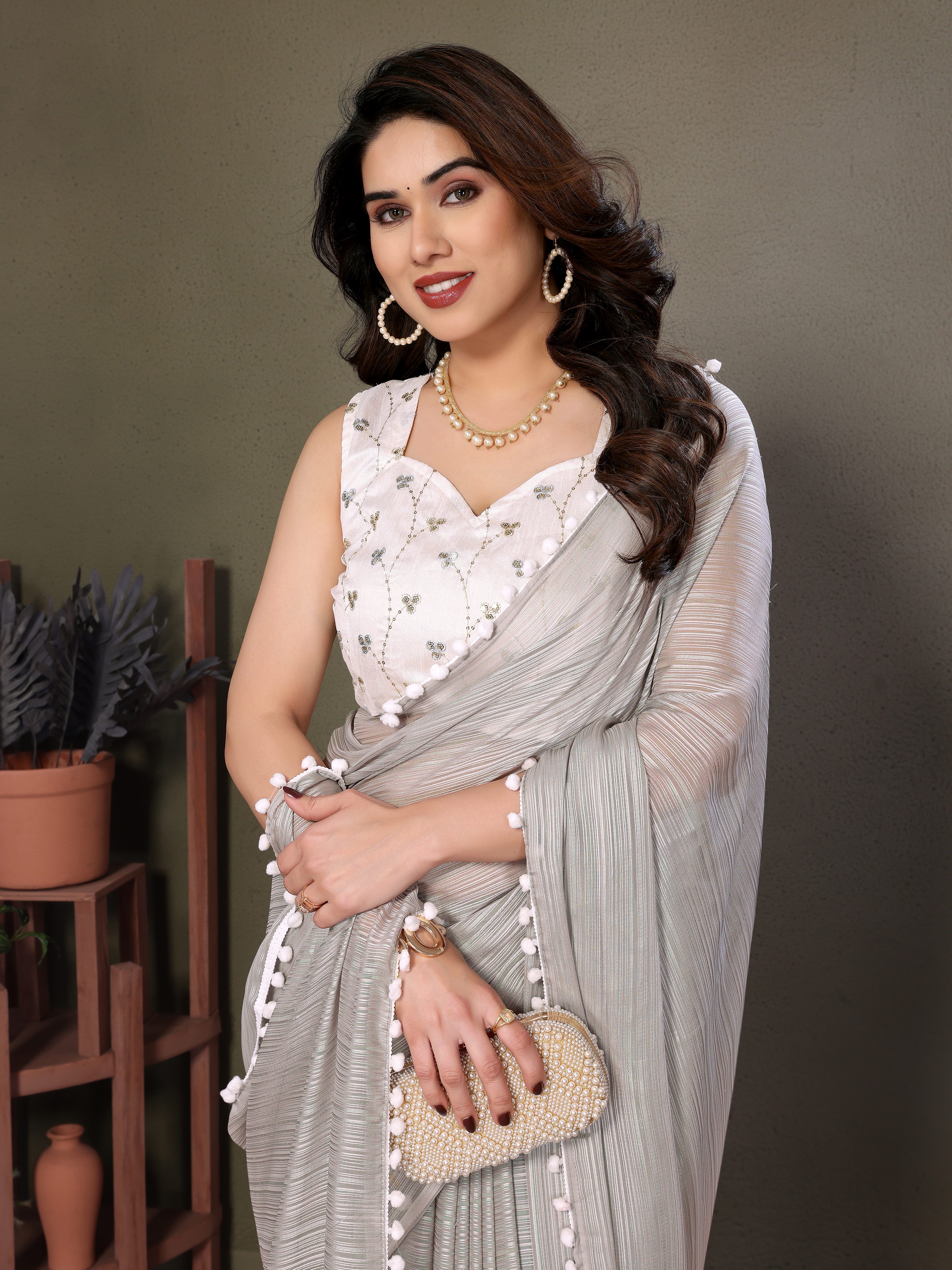 Elegant Grey Polyester Zari Saree | Embroidered Blouse with Pum Pum Lace
