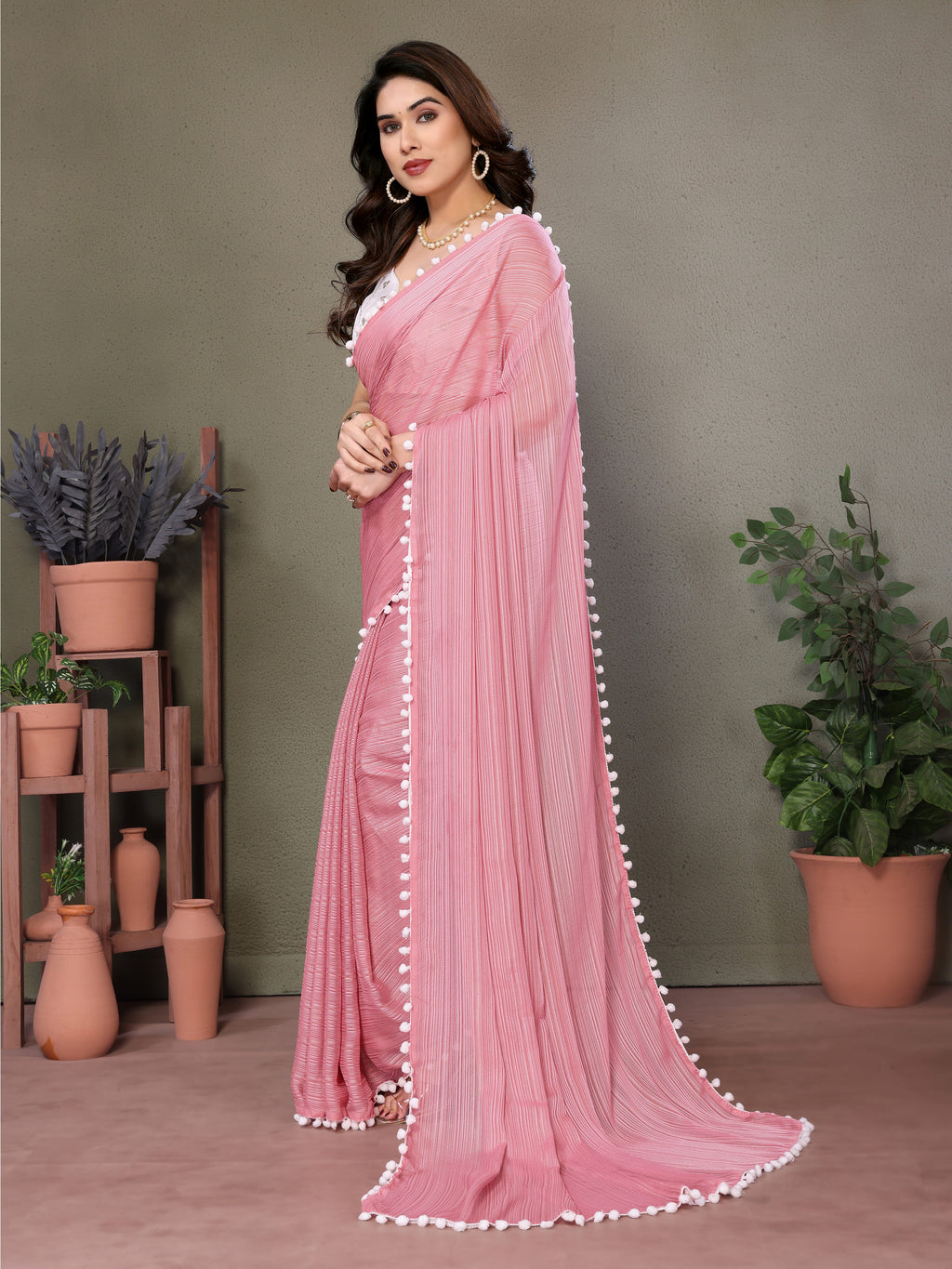 Romantic Pink Polyester Zari Saree | Embroidered Blouse with Pum Pum Lace