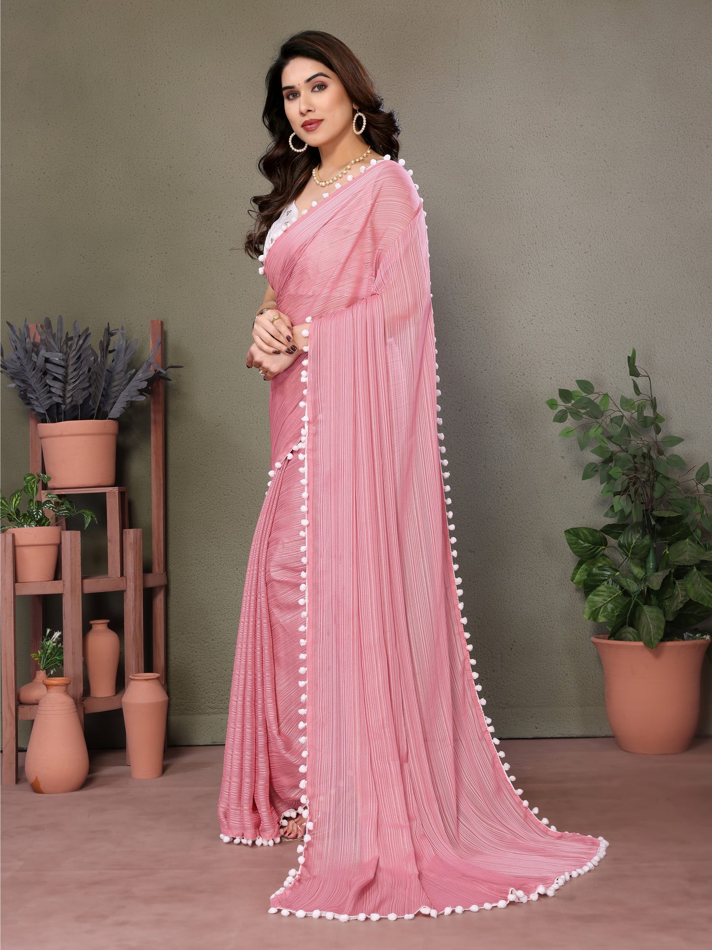 Romantic Pink Polyester Zari Saree | Embroidered Blouse with Pum Pum Lace