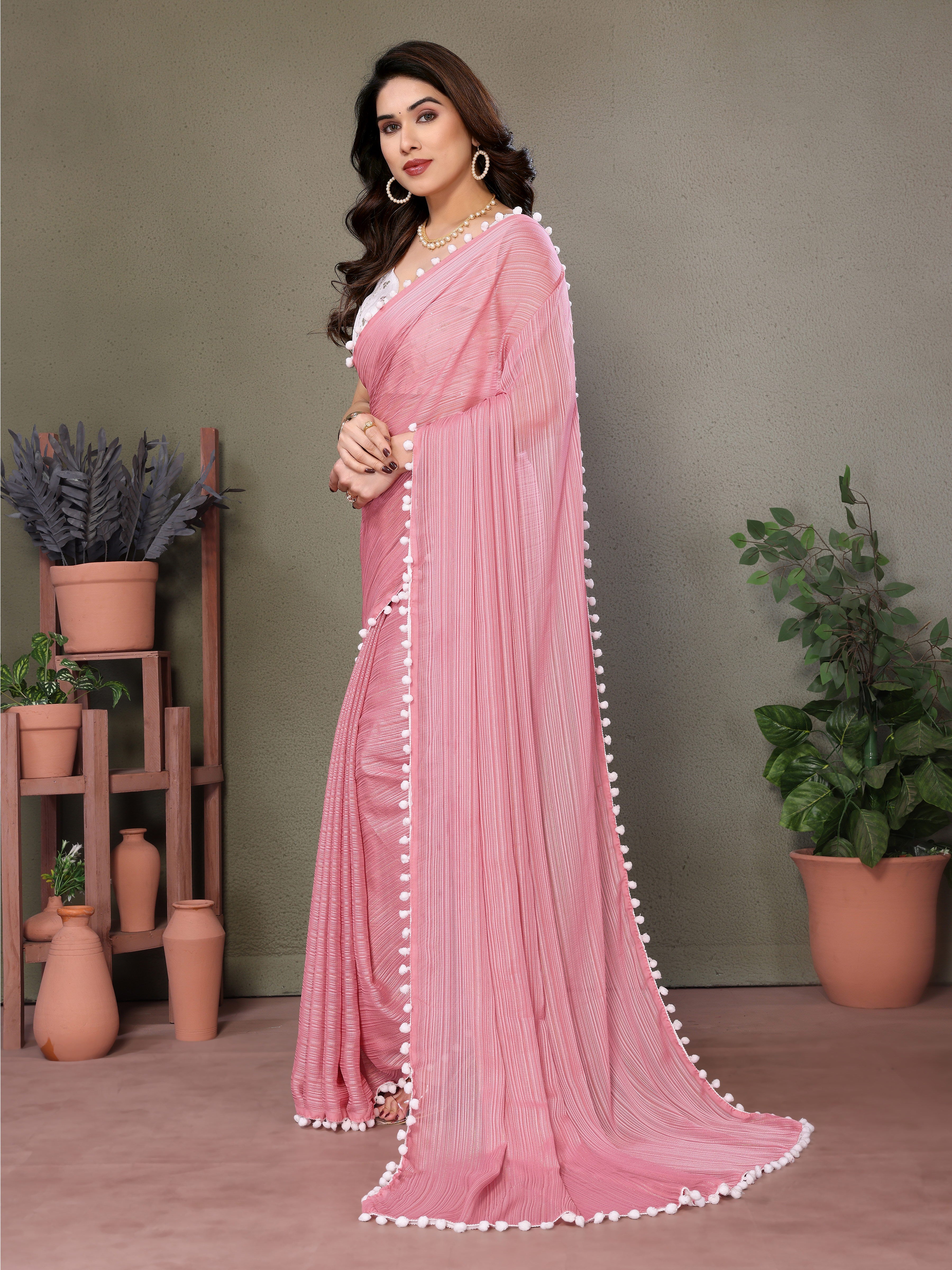 Romantic Pink Polyester Zari Saree | Embroidered Blouse with Pum Pum Lace