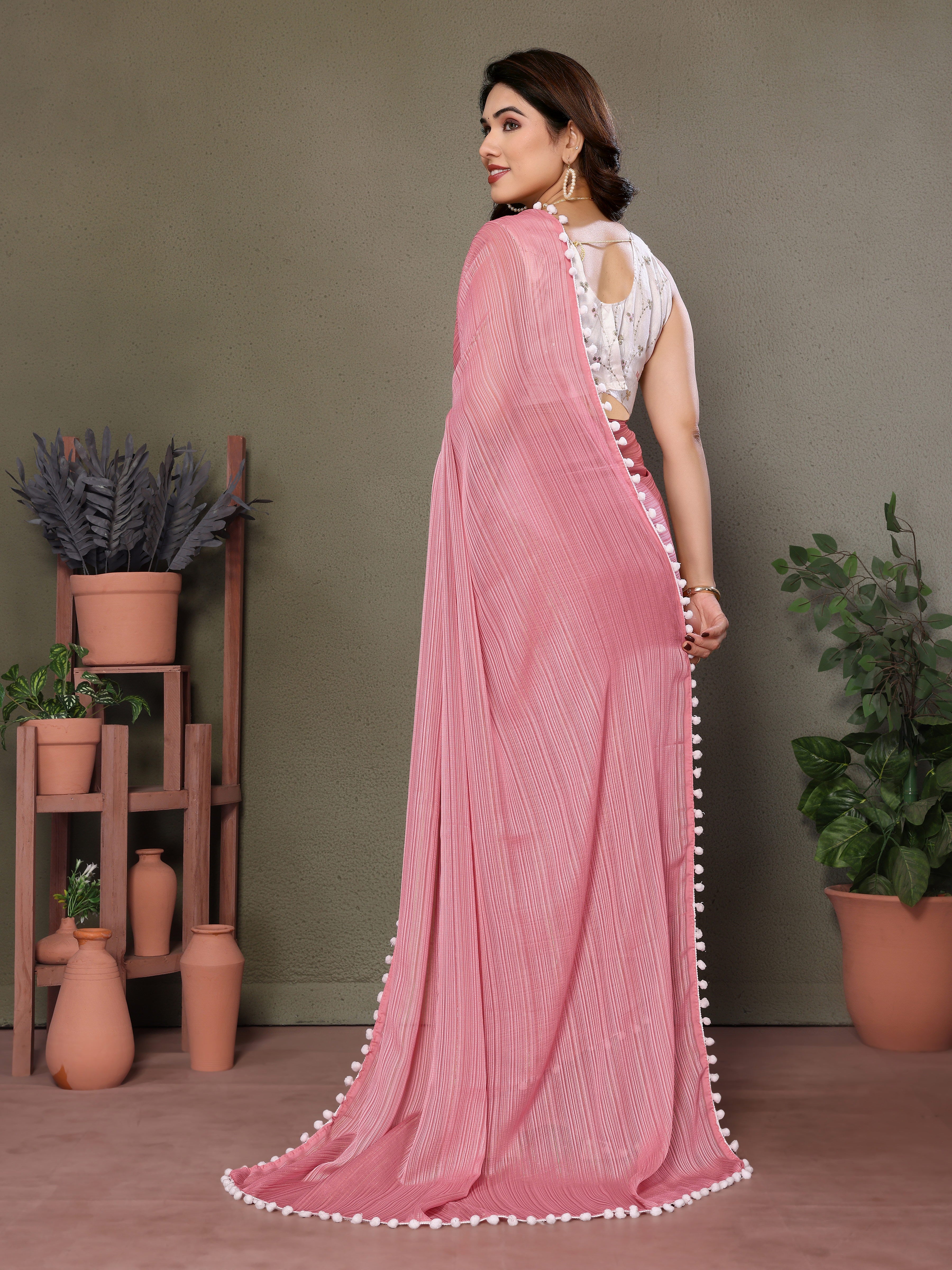 Romantic Pink Polyester Zari Saree | Embroidered Blouse with Pum Pum Lace