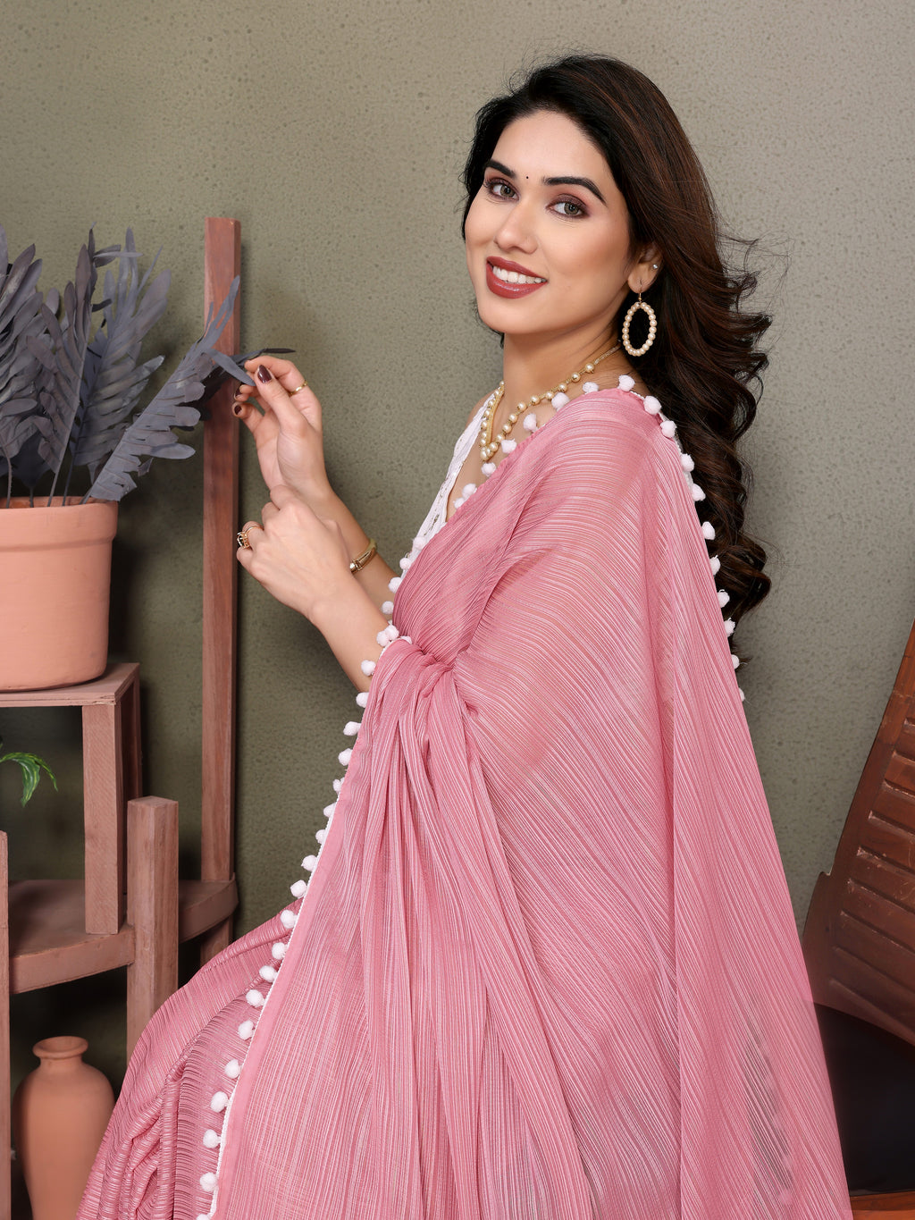 Romantic Pink Polyester Zari Saree | Embroidered Blouse with Pum Pum Lace