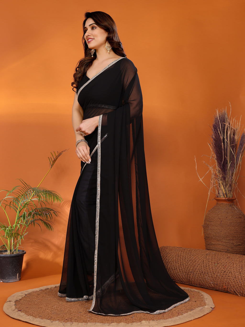 Black Georgette Solid Saree | Mirror Border Elegance