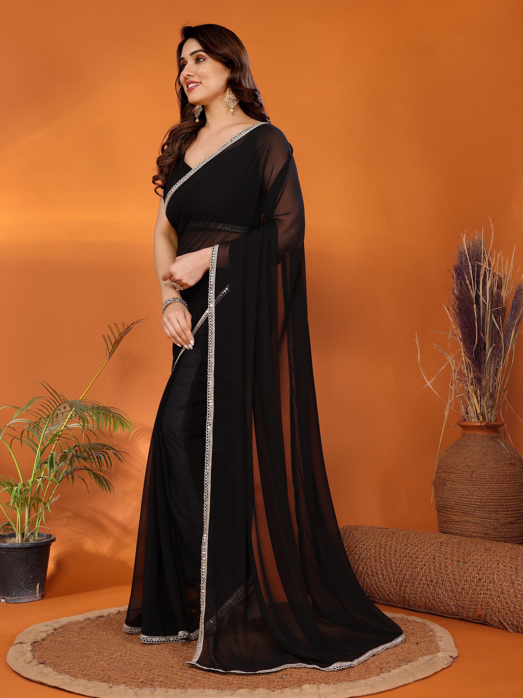 Black Georgette Solid Saree | Mirror Border Elegance