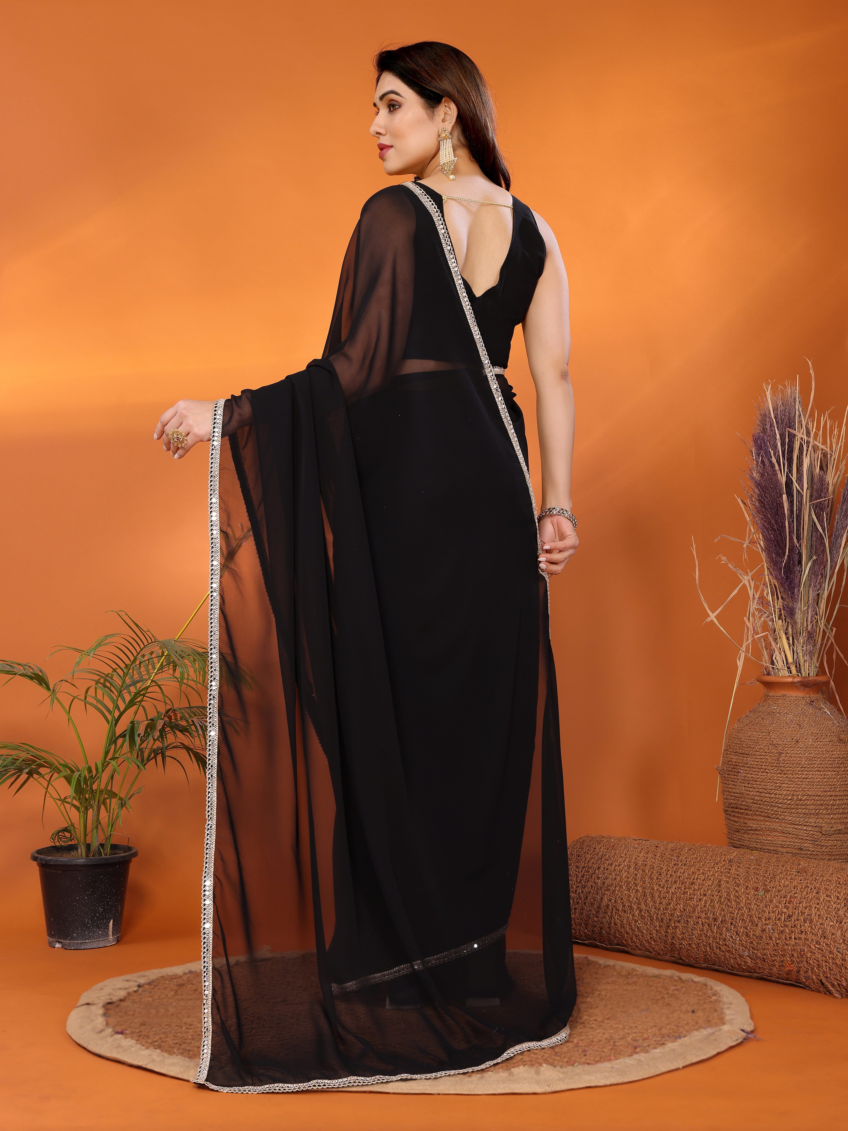 Black Georgette Solid Saree | Mirror Border Elegance