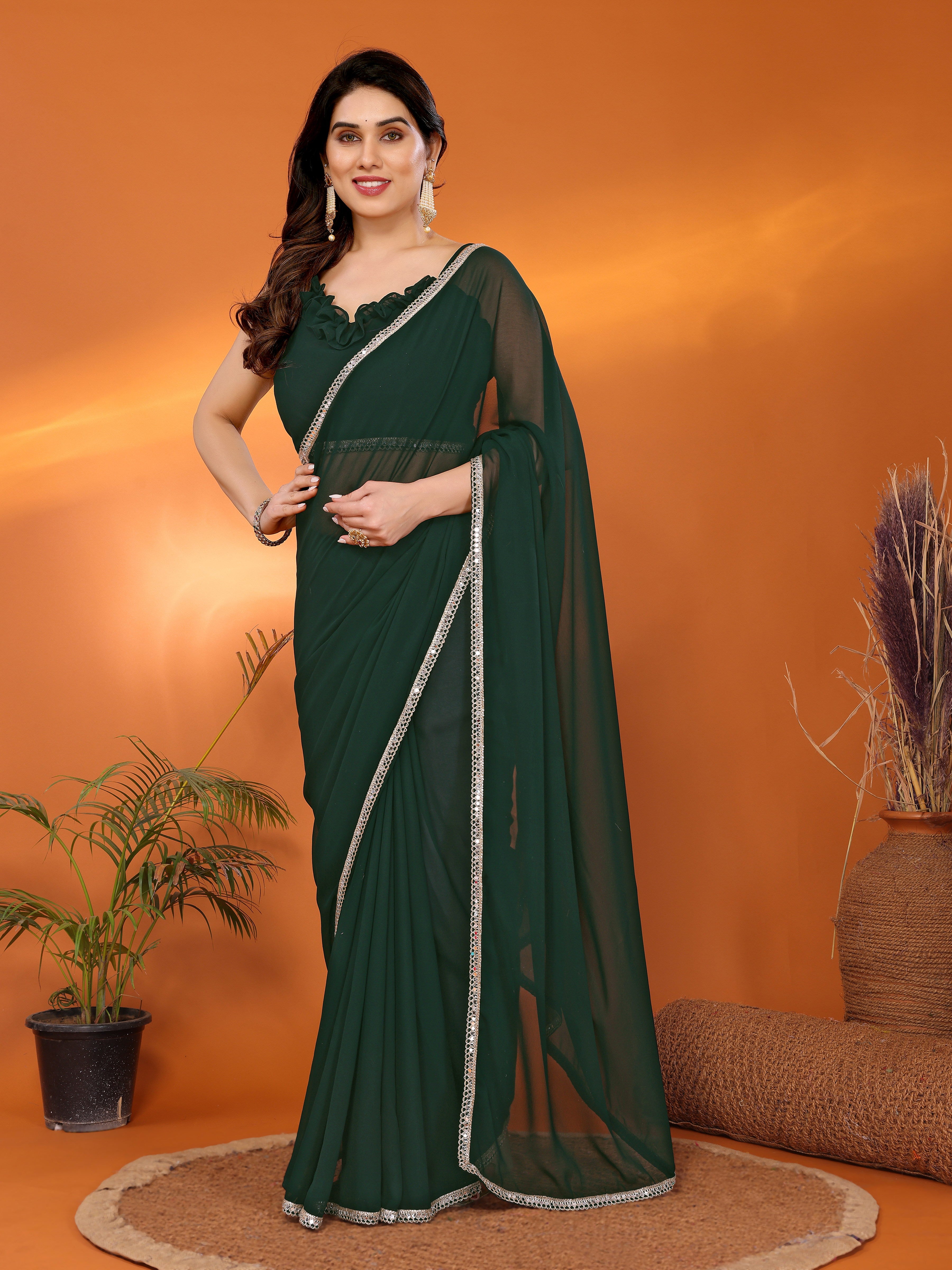 Green Georgette Solid Saree | Mirror Border Freshness