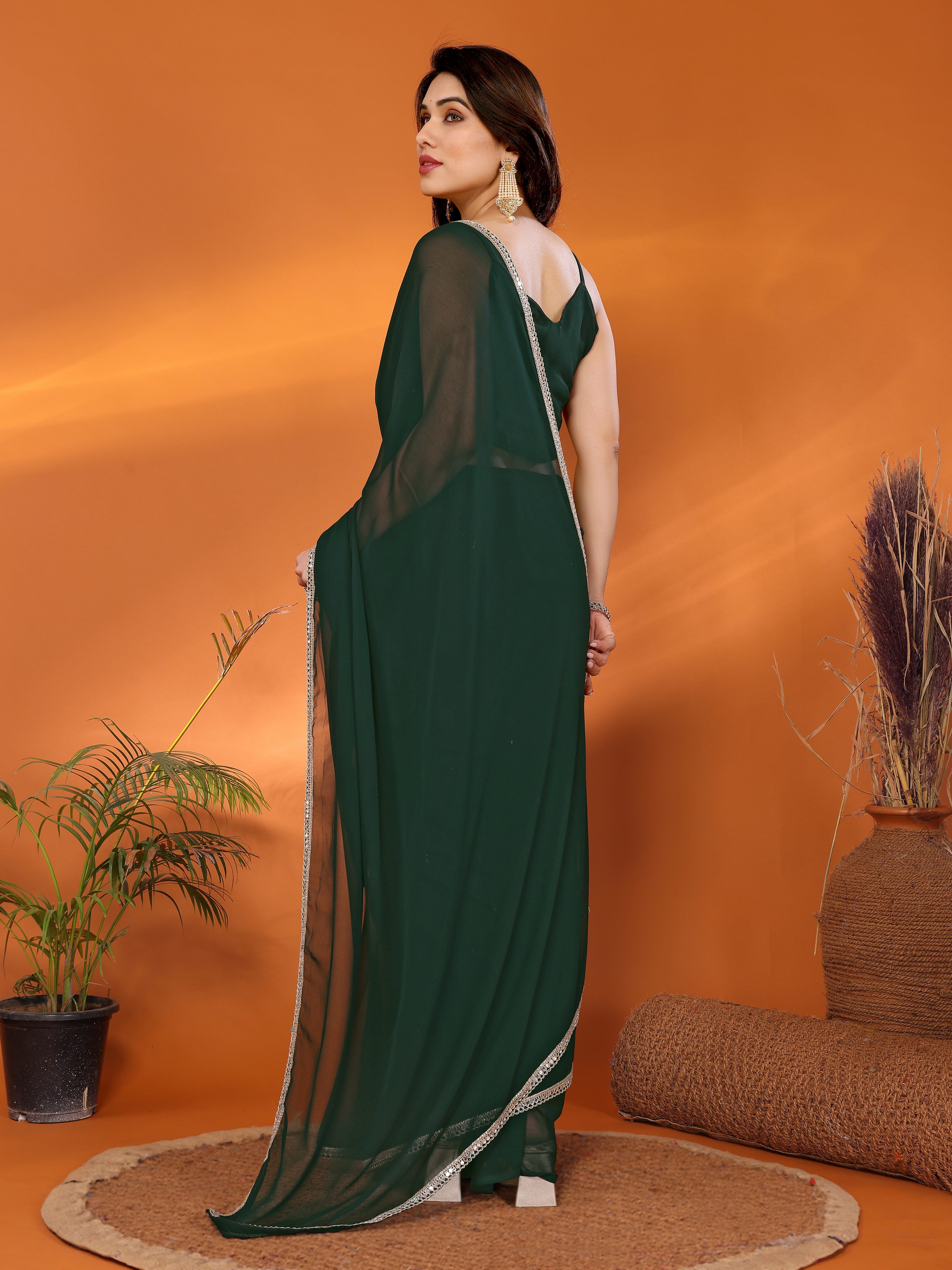 Green Georgette Solid Saree | Mirror Border Freshness