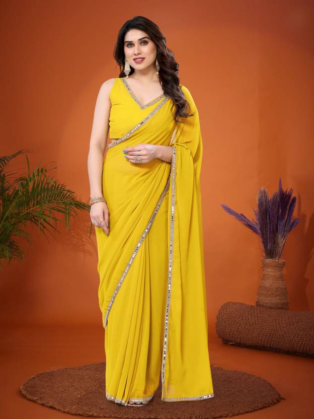 Lemon Georgette Solid Saree | Mirror Border Sunshine