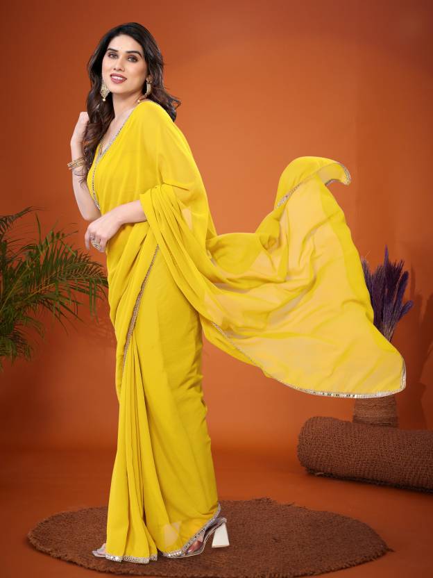 Lemon Georgette Solid Saree | Mirror Border Sunshine