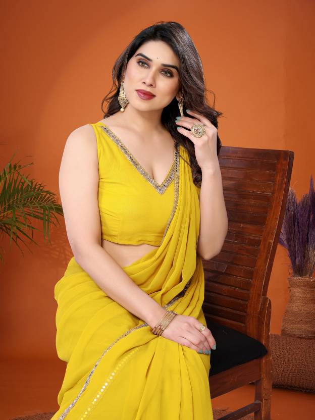 Lemon Georgette Solid Saree | Mirror Border Sunshine