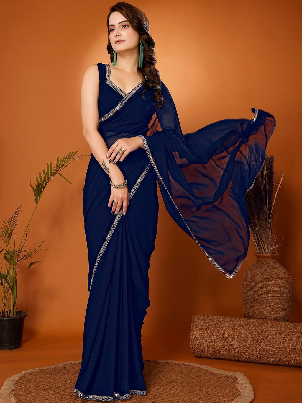 Navy Blue Georgette Solid Saree | Mirror Border Grace