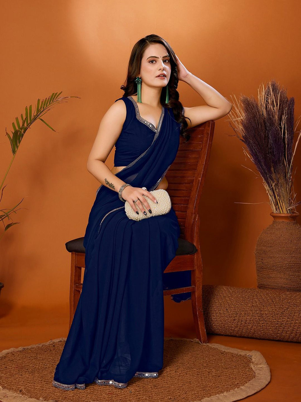 Navy Blue Georgette Solid Saree | Mirror Border Grace