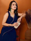 Navy Blue Georgette Solid Saree | Mirror Border Grace