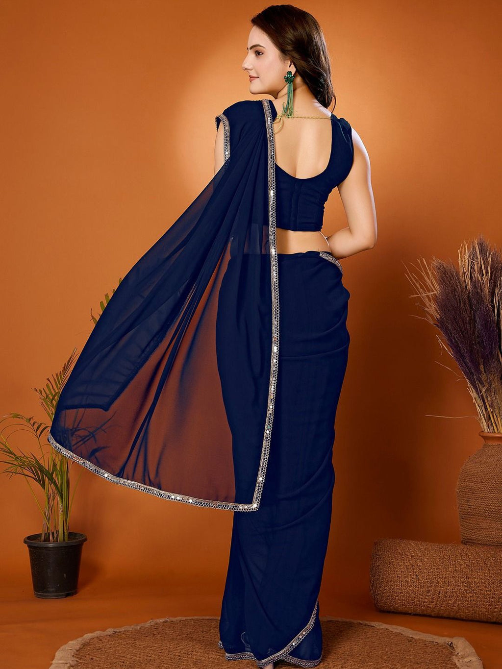 Navy Blue Georgette Solid Saree | Mirror Border Grace