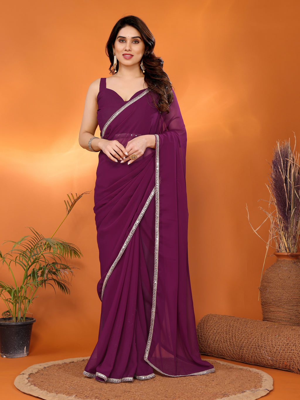 Purple Georgette Solid Saree | Mirror Border Royalty