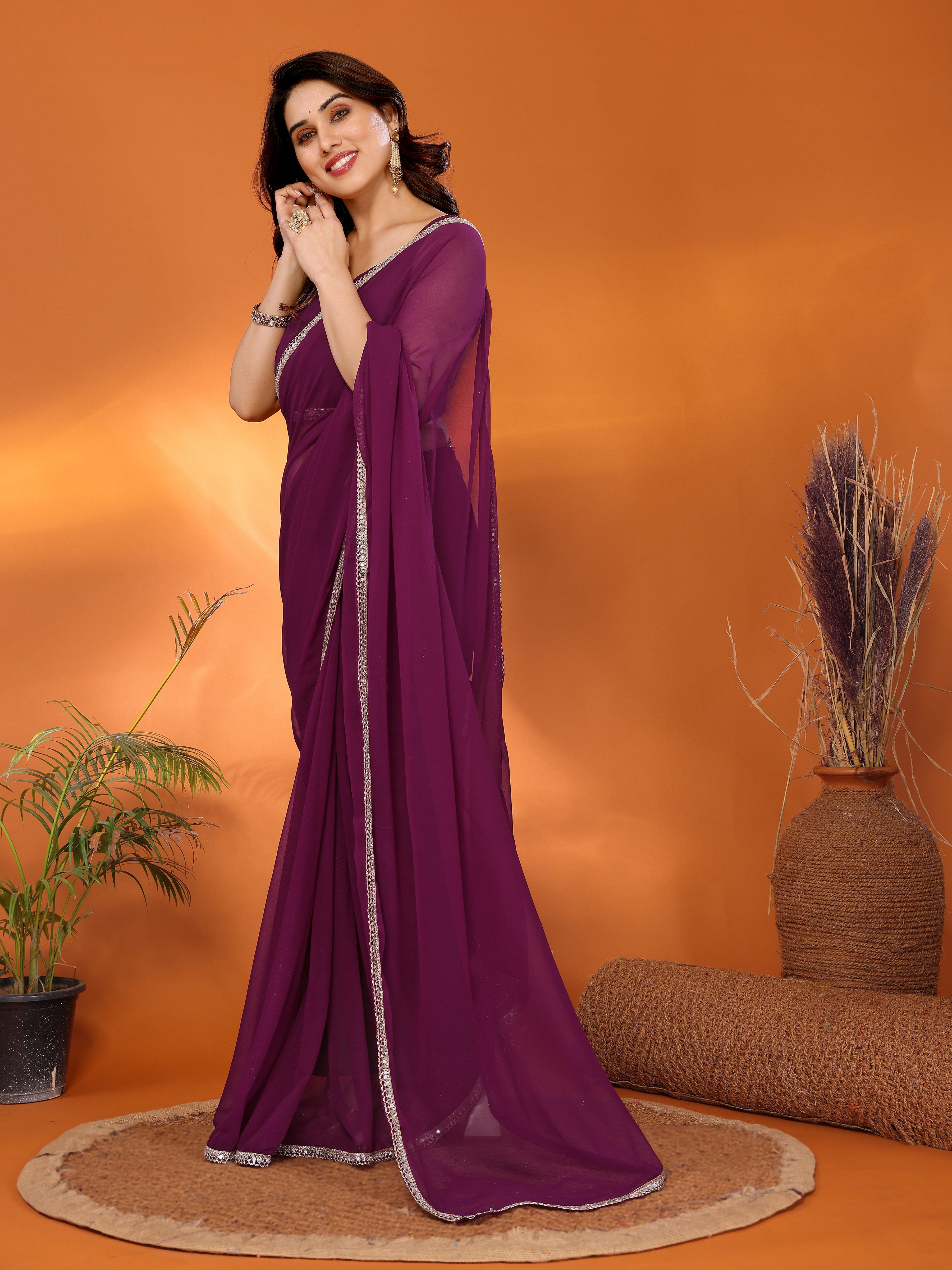 Purple Georgette Solid Saree | Mirror Border Royalty