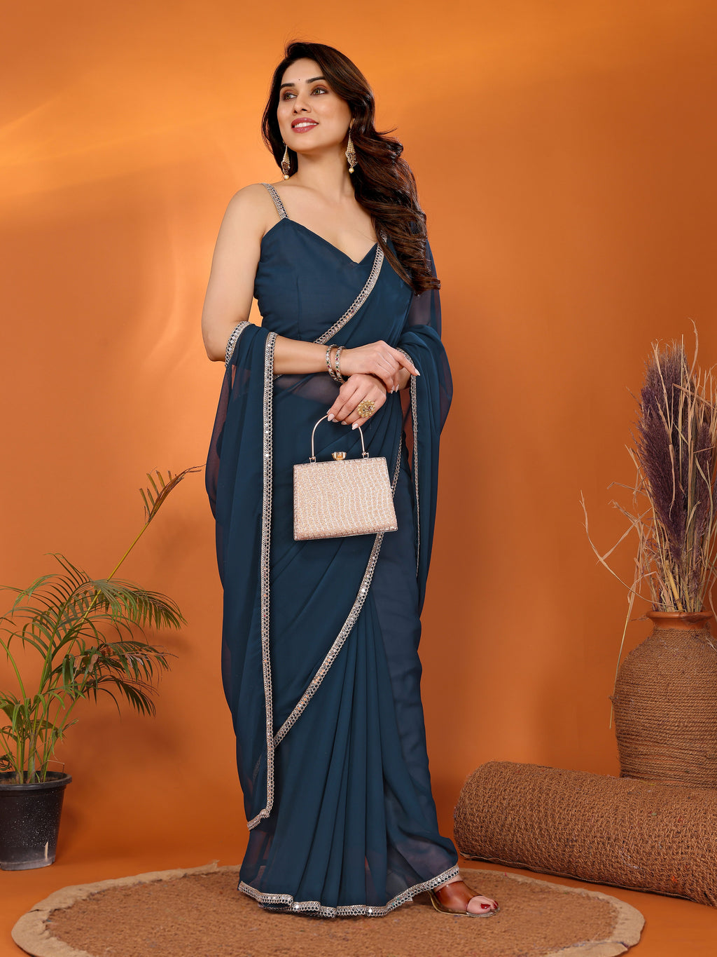 Rama Georgette Solid Saree | Mirror Border Serenity