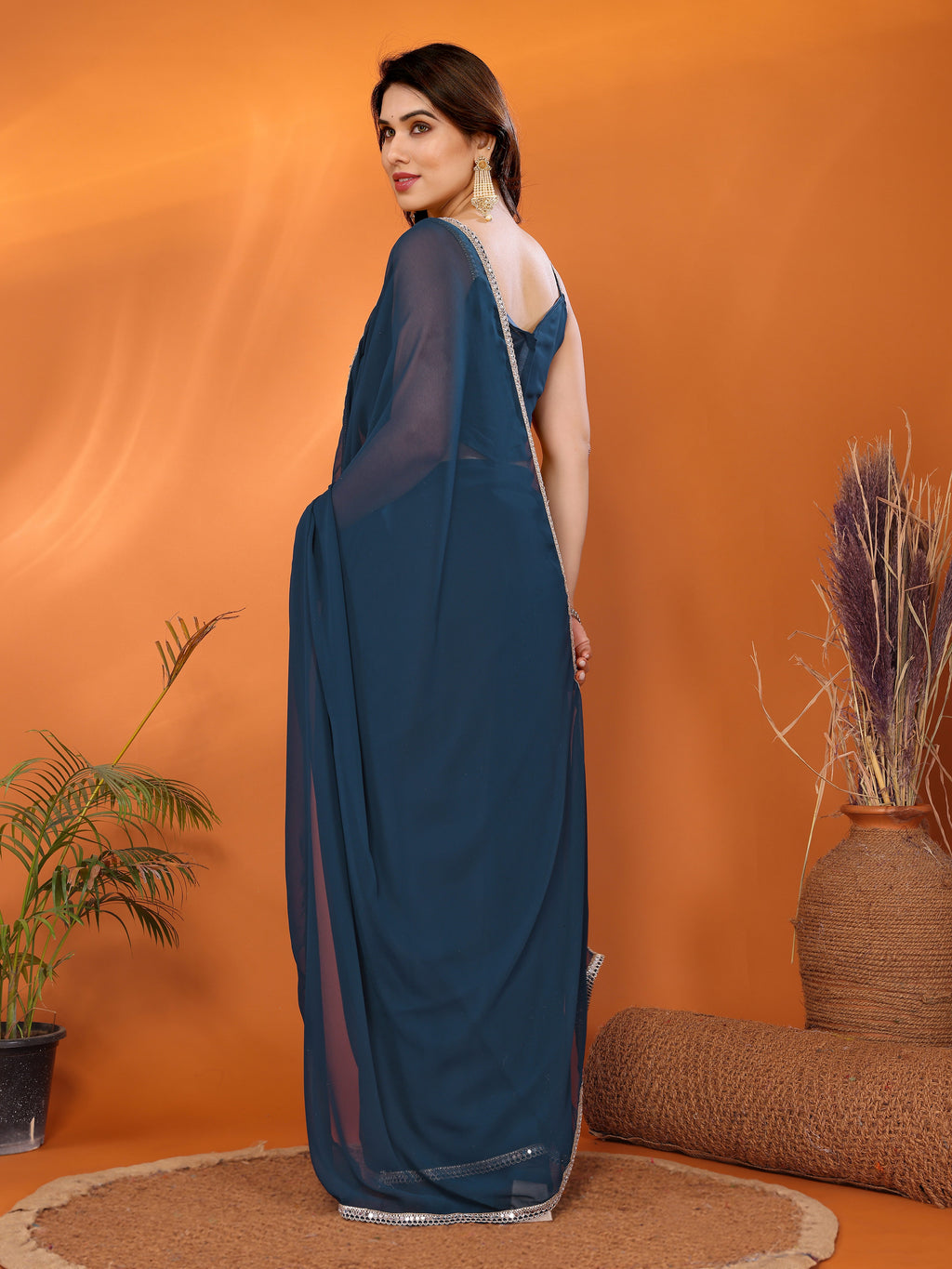 Rama Georgette Solid Saree | Mirror Border Serenity