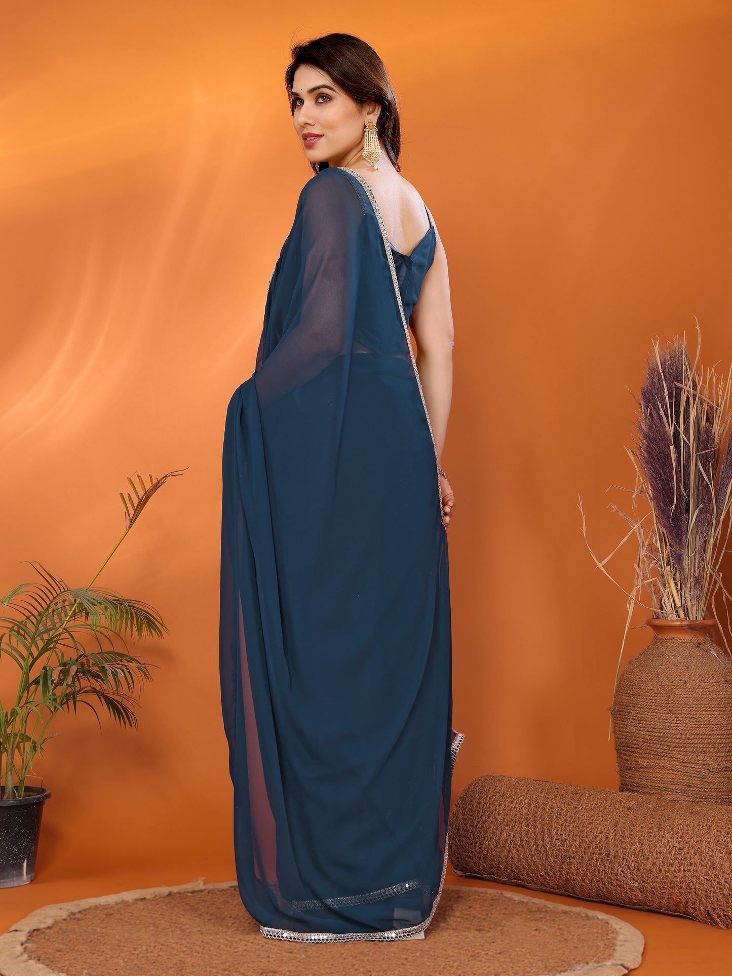 Rama Georgette Solid Saree | Mirror Border Serenity