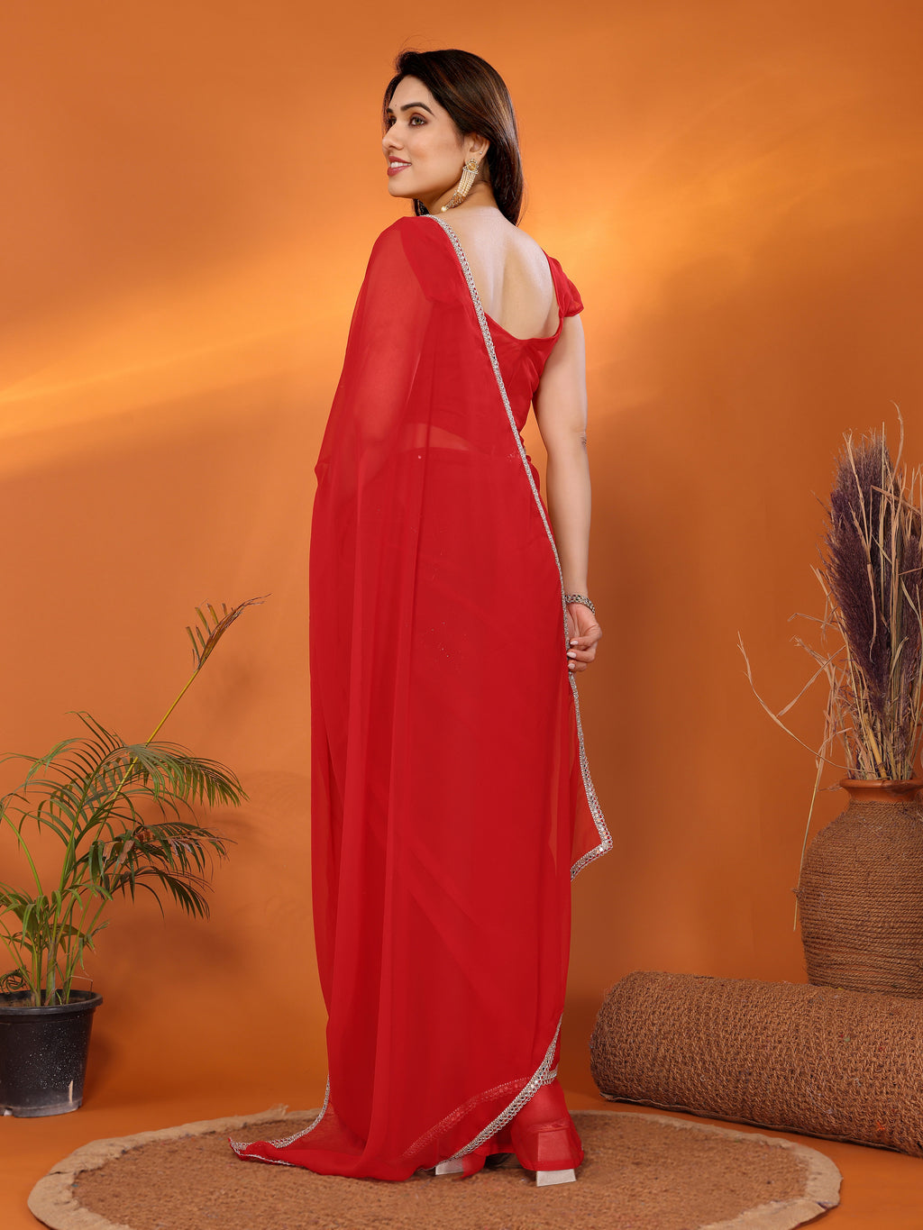 Red Georgette Solid Saree | Mirror Border Passion
