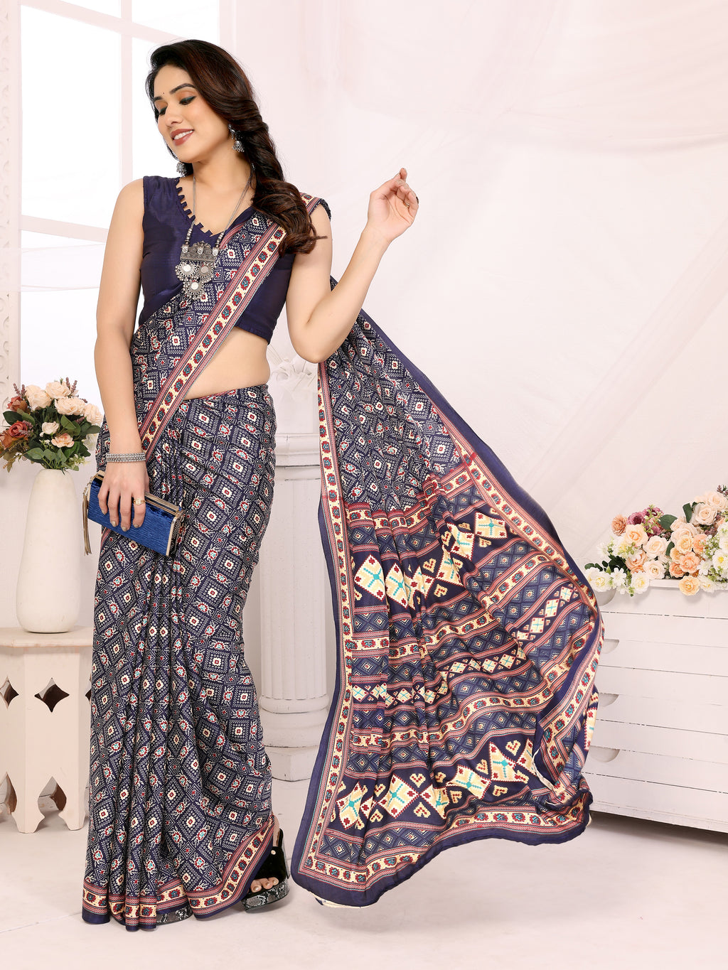 Ocean Blue Silk Crepe Printed Saree | Elegant Everyday Wear