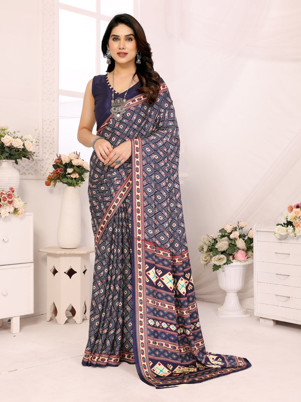 Ocean Blue Silk Crepe Printed Saree | Elegant Everyday Wear